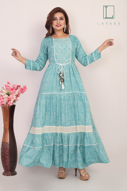 Women Water Leaf Green Ethnic Embroidered Anarkali Kurta with Latkan - Complete Set