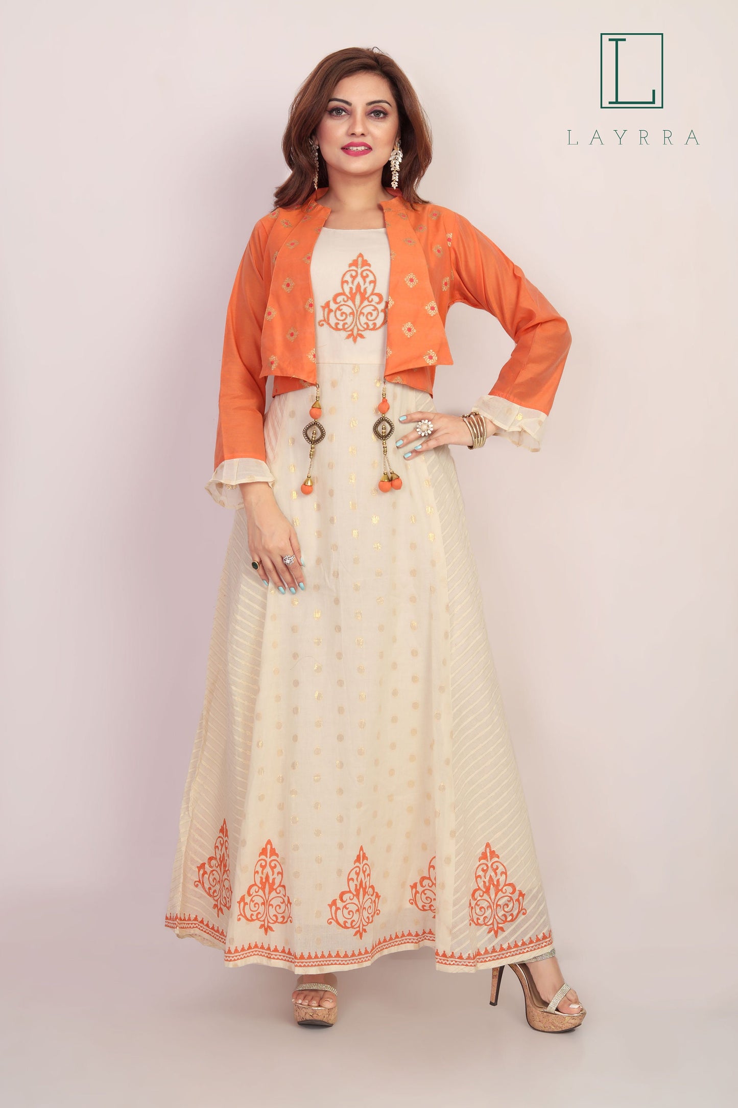 Women Peach & White Golden Ethnic Motifs Print Koti Style Embroidered Anarkali Kurta - Complete Set