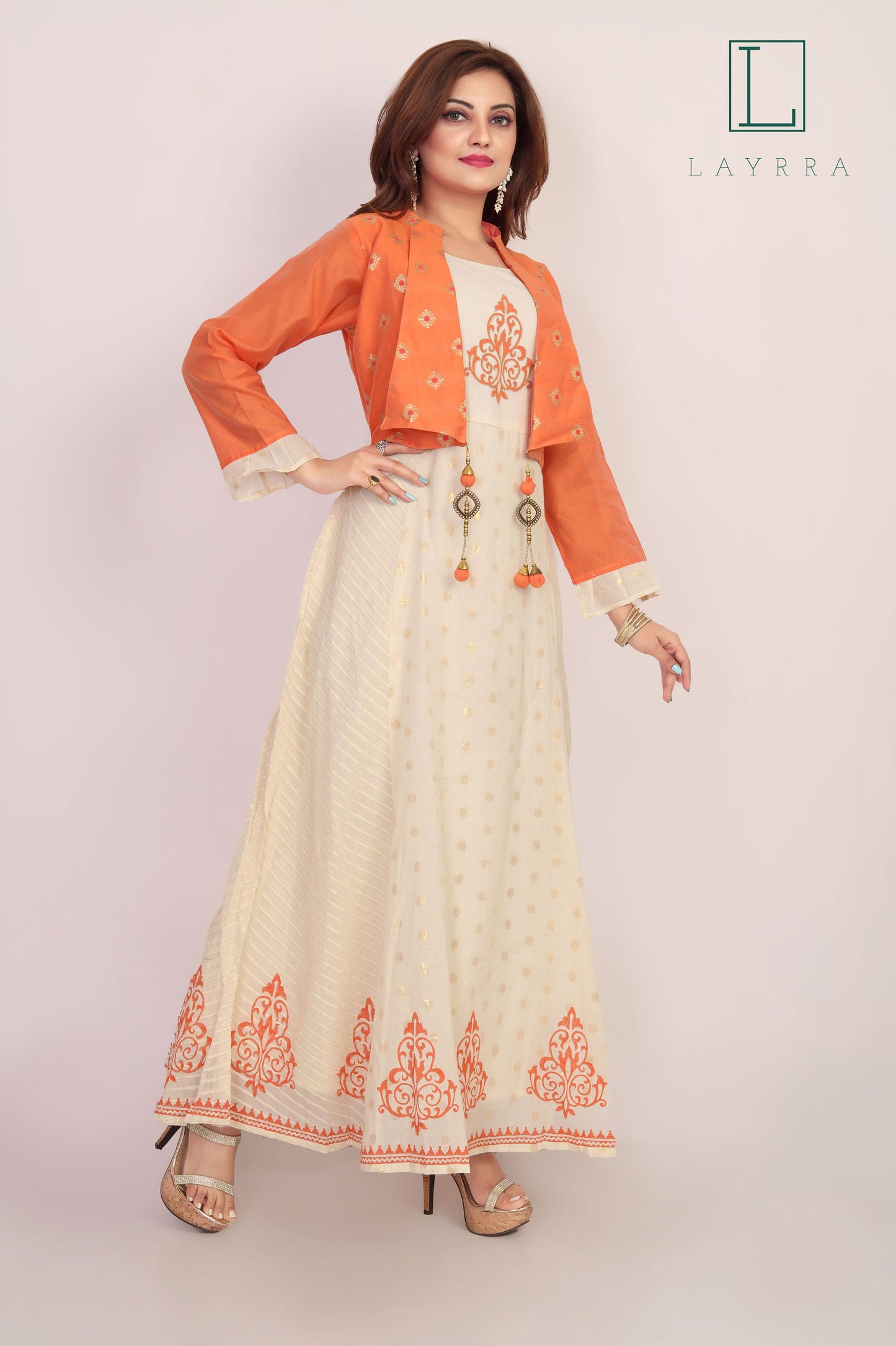 Women Peach & White Golden Ethnic Motifs Print Koti Style Embroidered Anarkali Kurta - Complete Set
