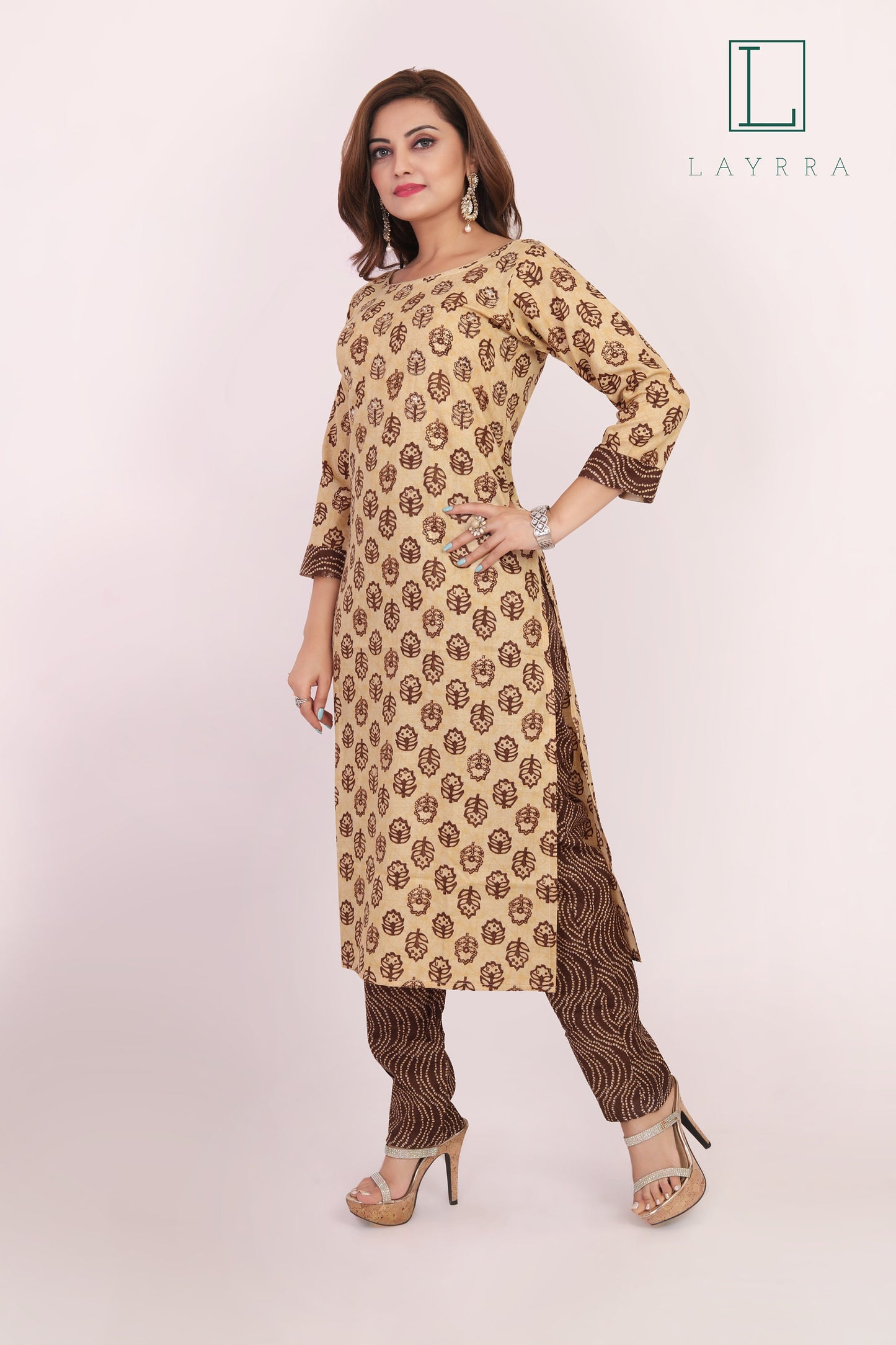 Women Brown and Mud Brown Motifs Print Mirror Work Kurta with Pants - Complete Set