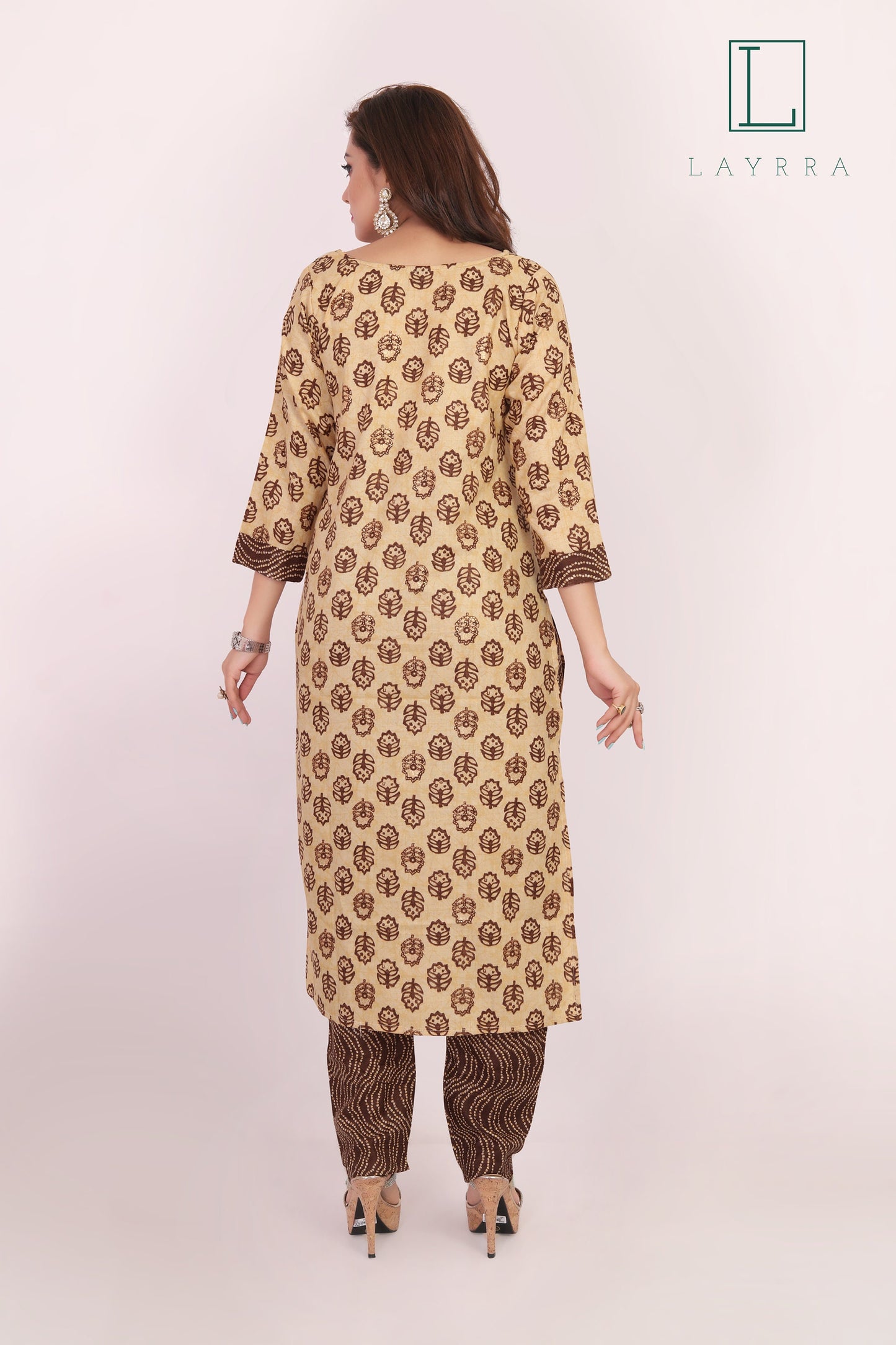 Women Brown and Mud Brown Motifs Print Mirror Work Kurta with Pants - Complete Set