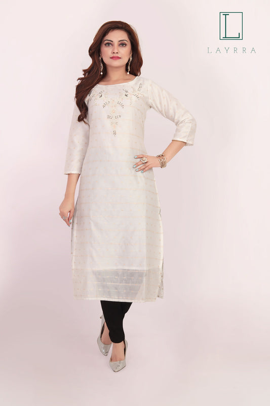 Women White & Gold Ethnic Floral Embroidered Moti Kurta with Trousers