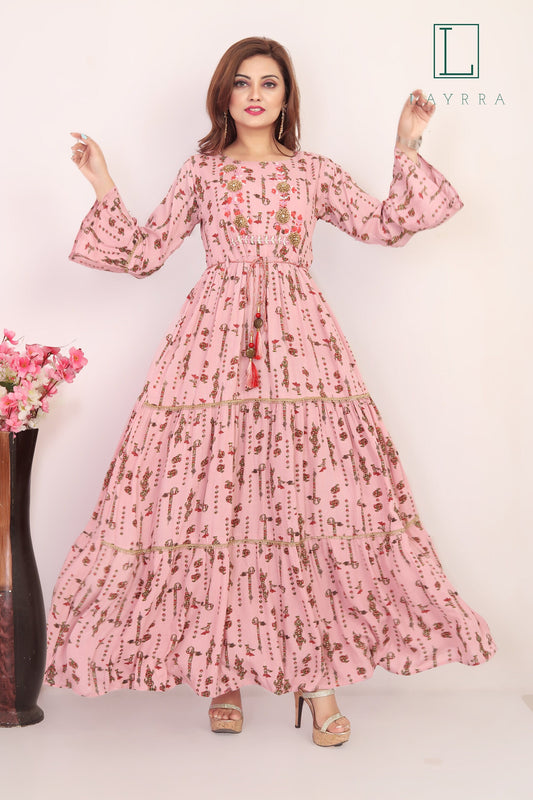 Women Light Pink Ethnic Embroidered Anarkali Kurta with Latkan - Complete Set