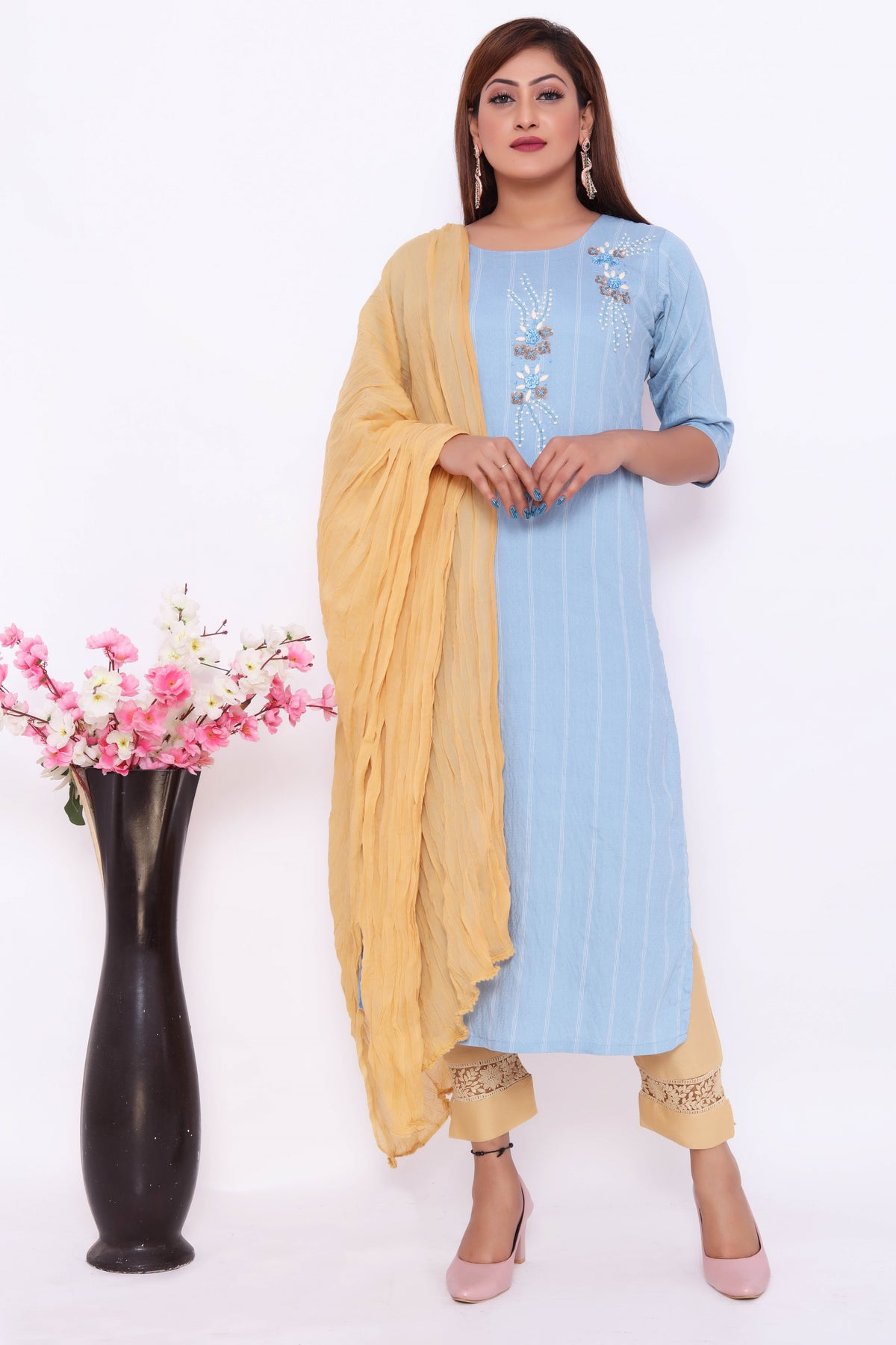 Sky Blue Embroidered Dress with Yellow Dupatta