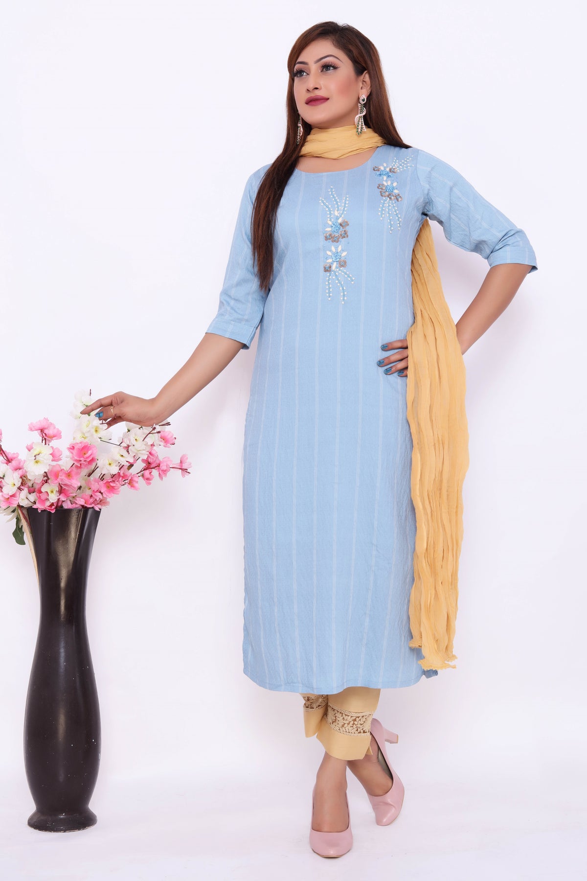 Sky Blue Embroidered Dress with Yellow Dupatta
