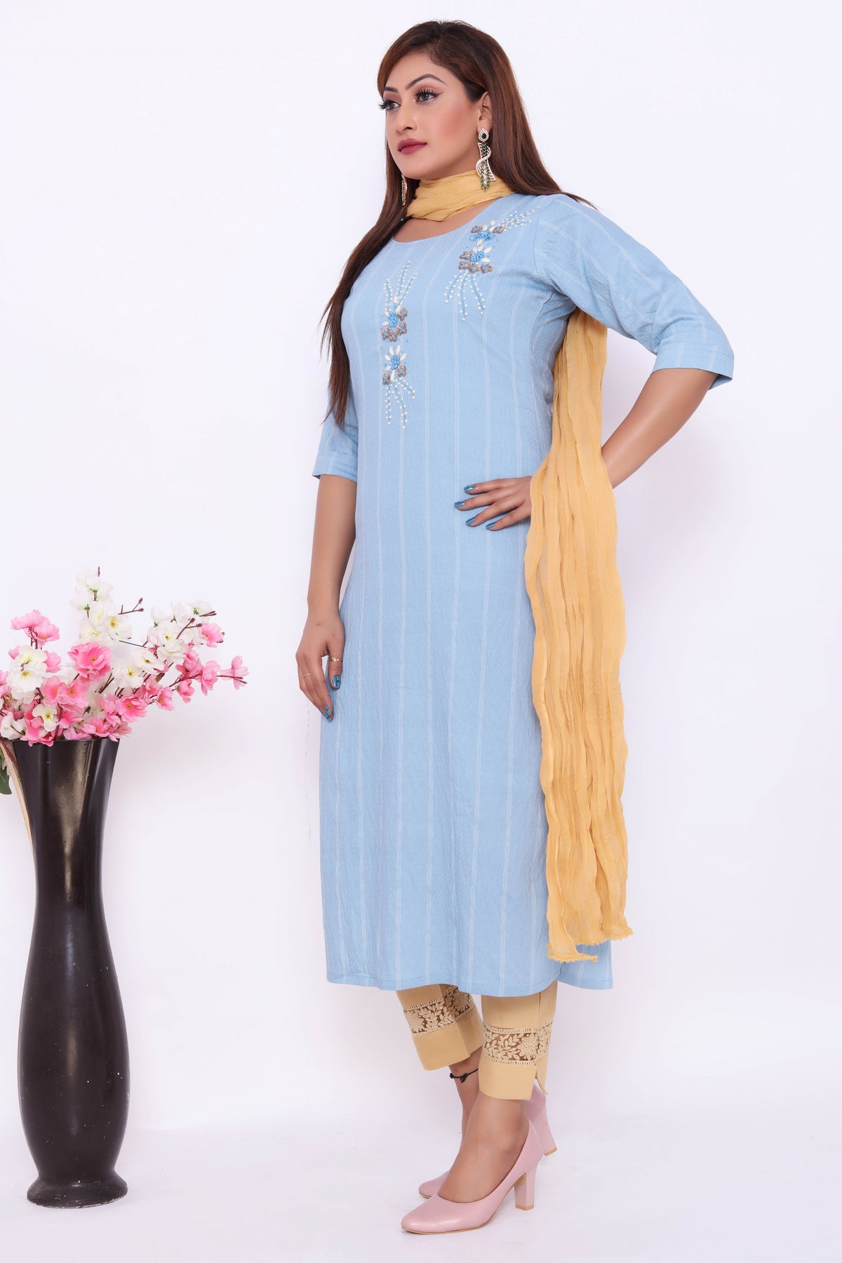 Sky Blue Embroidered Dress with Yellow Dupatta