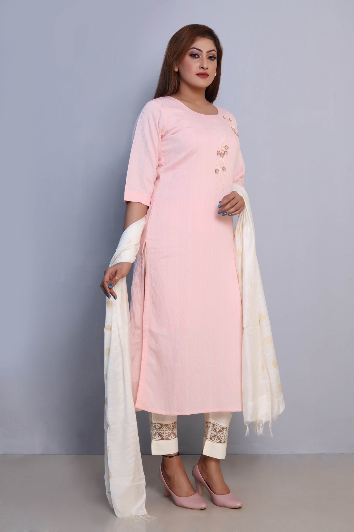 Light Pink Embroidered Dress with White Dupatta