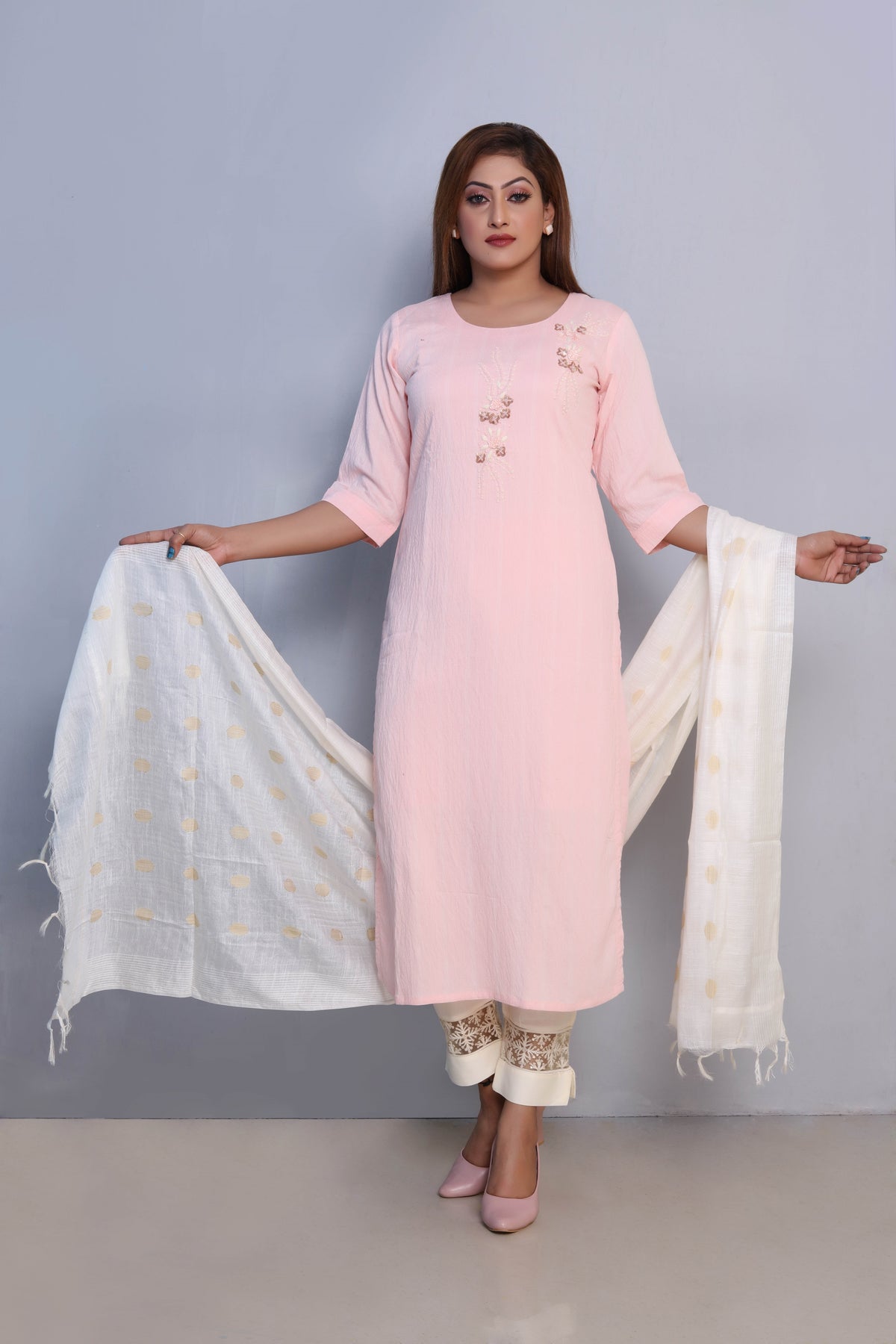 Light Pink Embroidered Dress with White Dupatta