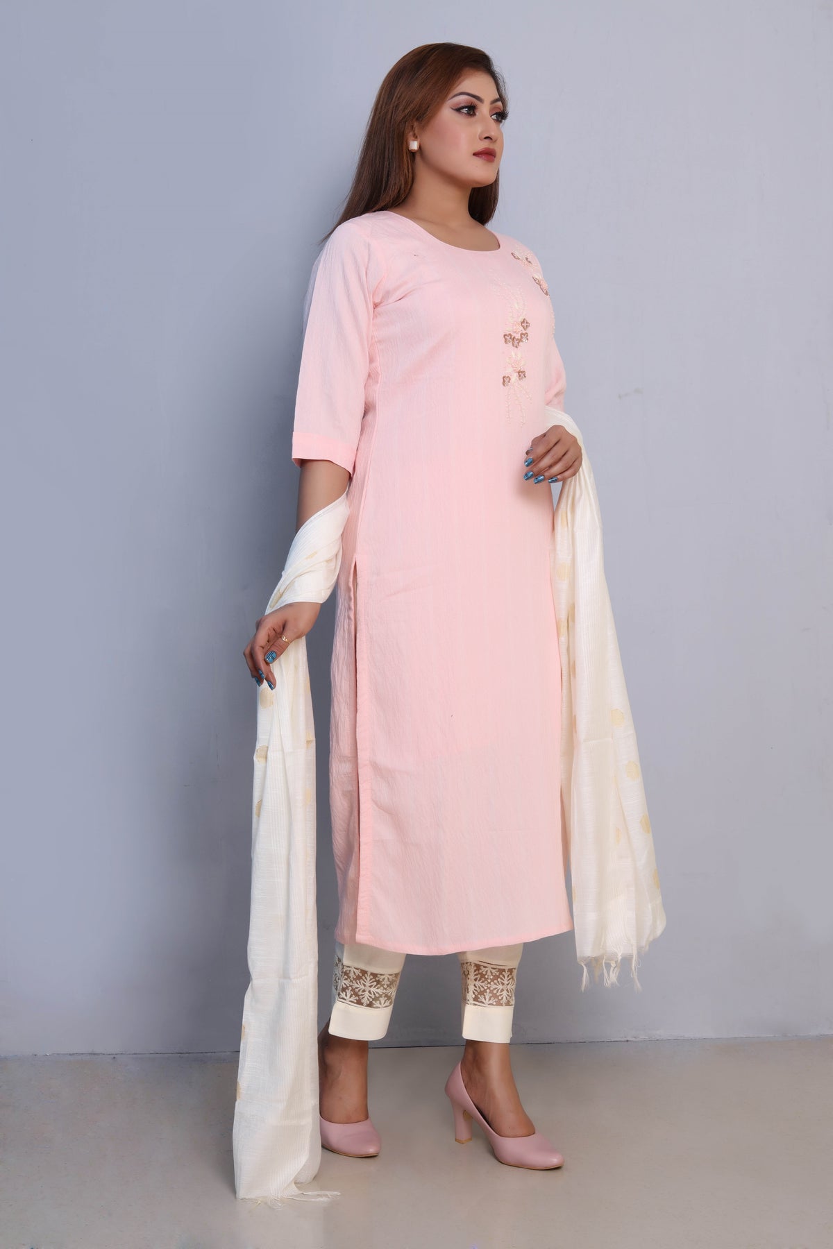 Light Pink Embroidered Dress with White Dupatta