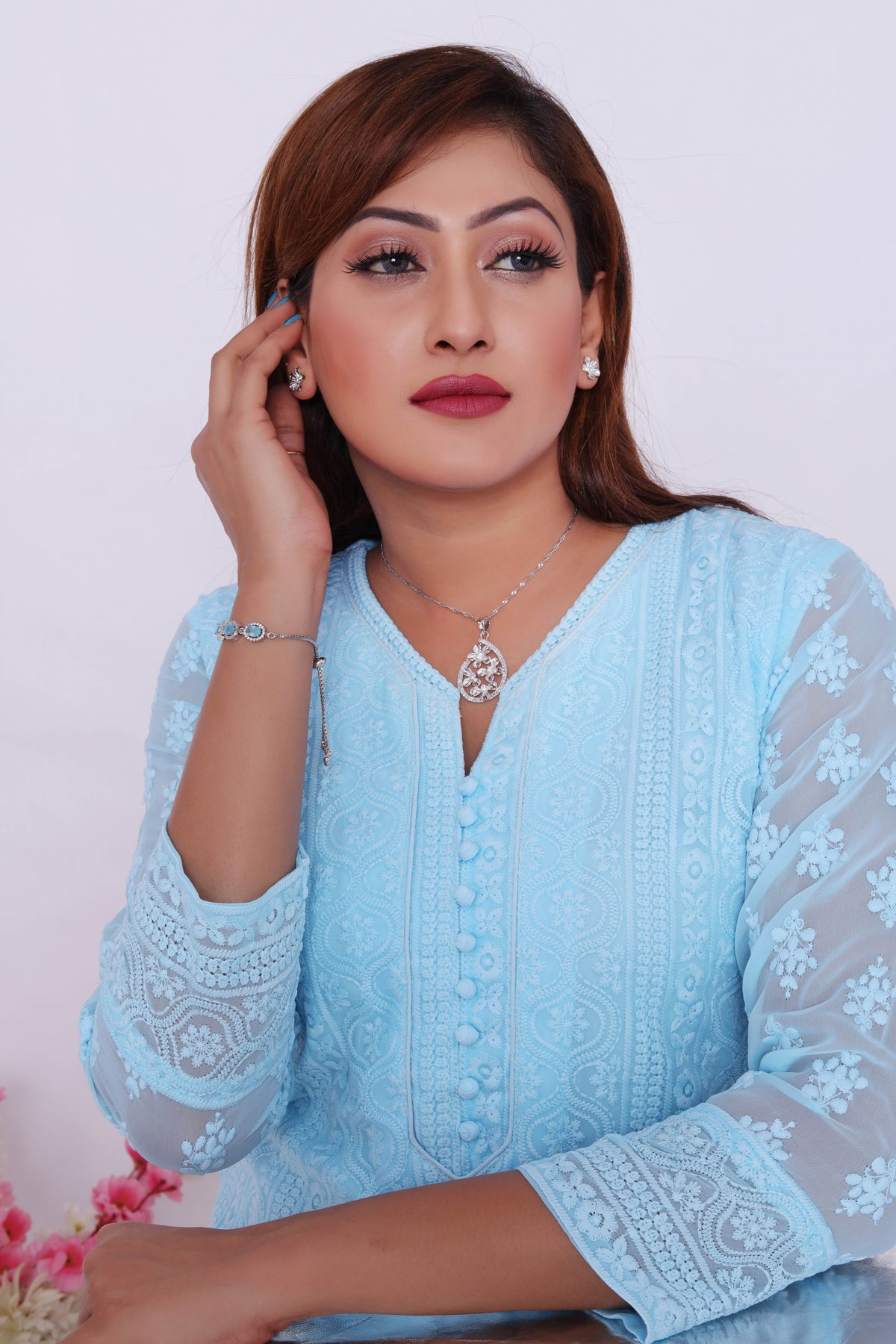 Light Blue Embroidered Dress with White Pants