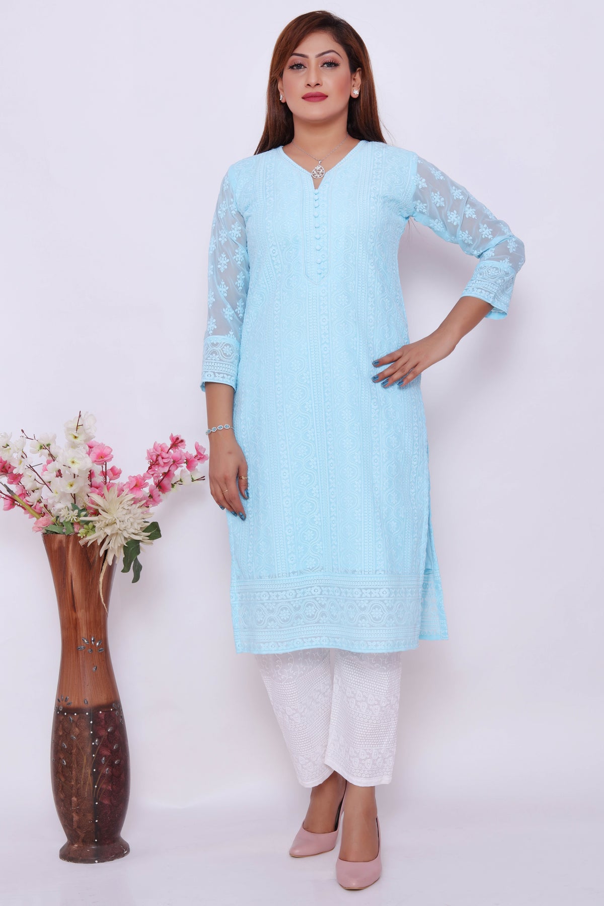 Light Blue Embroidered Dress with White Pants