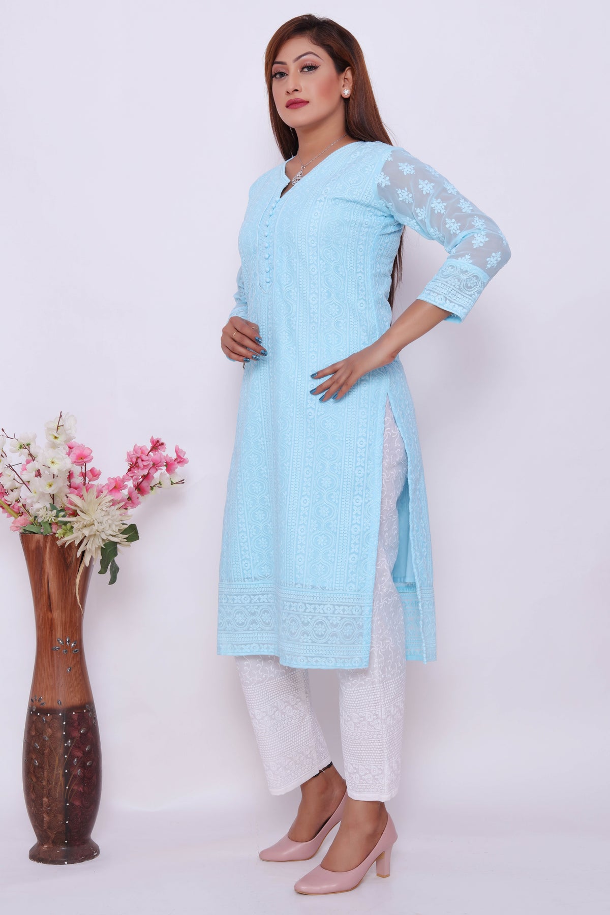 Light Blue Embroidered Dress with White Pants