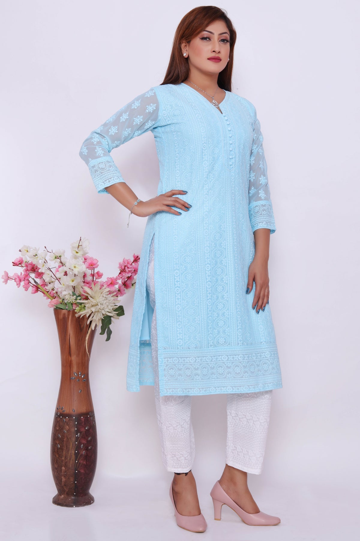 Light Blue Embroidered Dress with White Pants