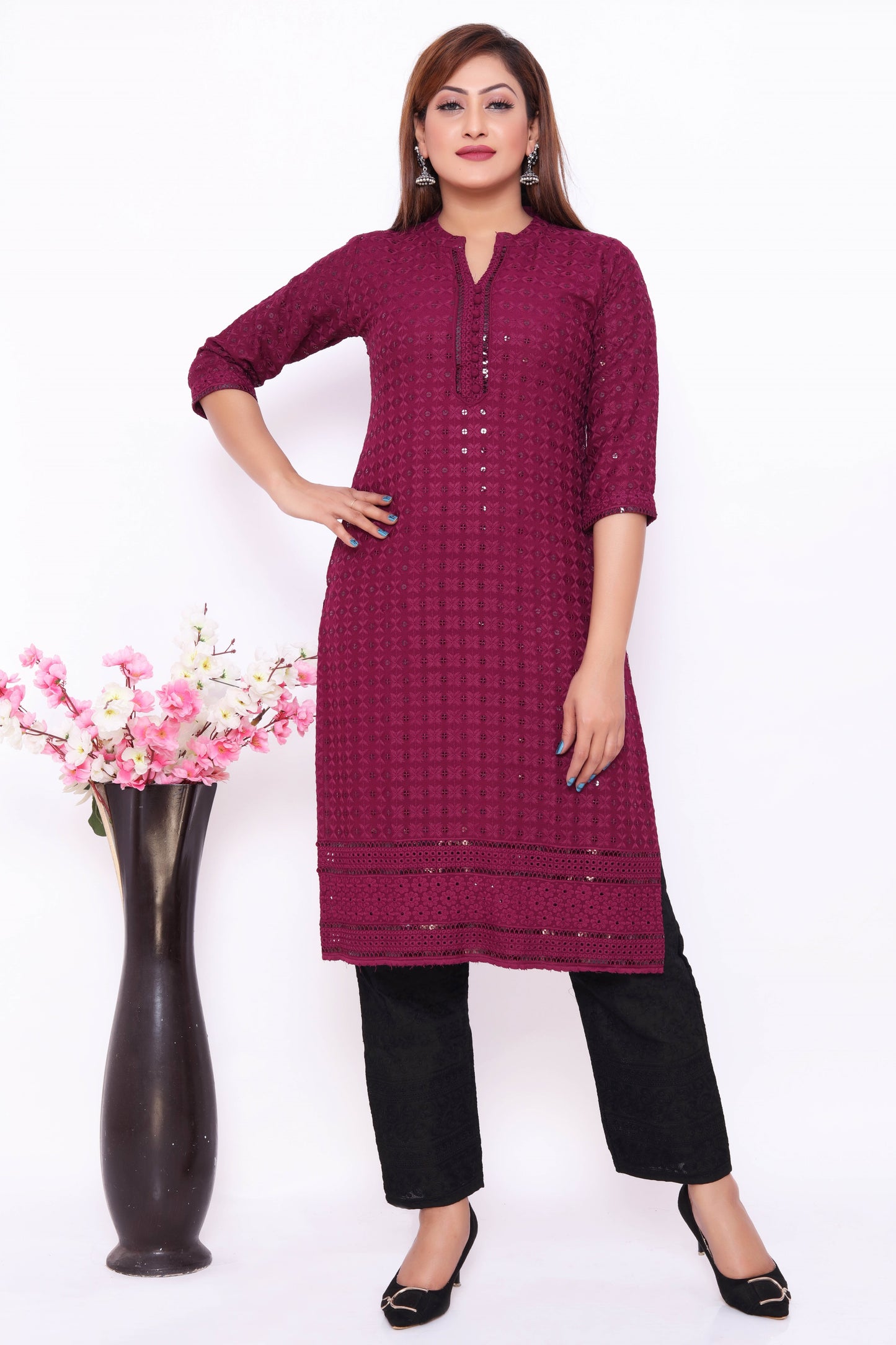 Deep Purple Embroidered Dress with Black Pants