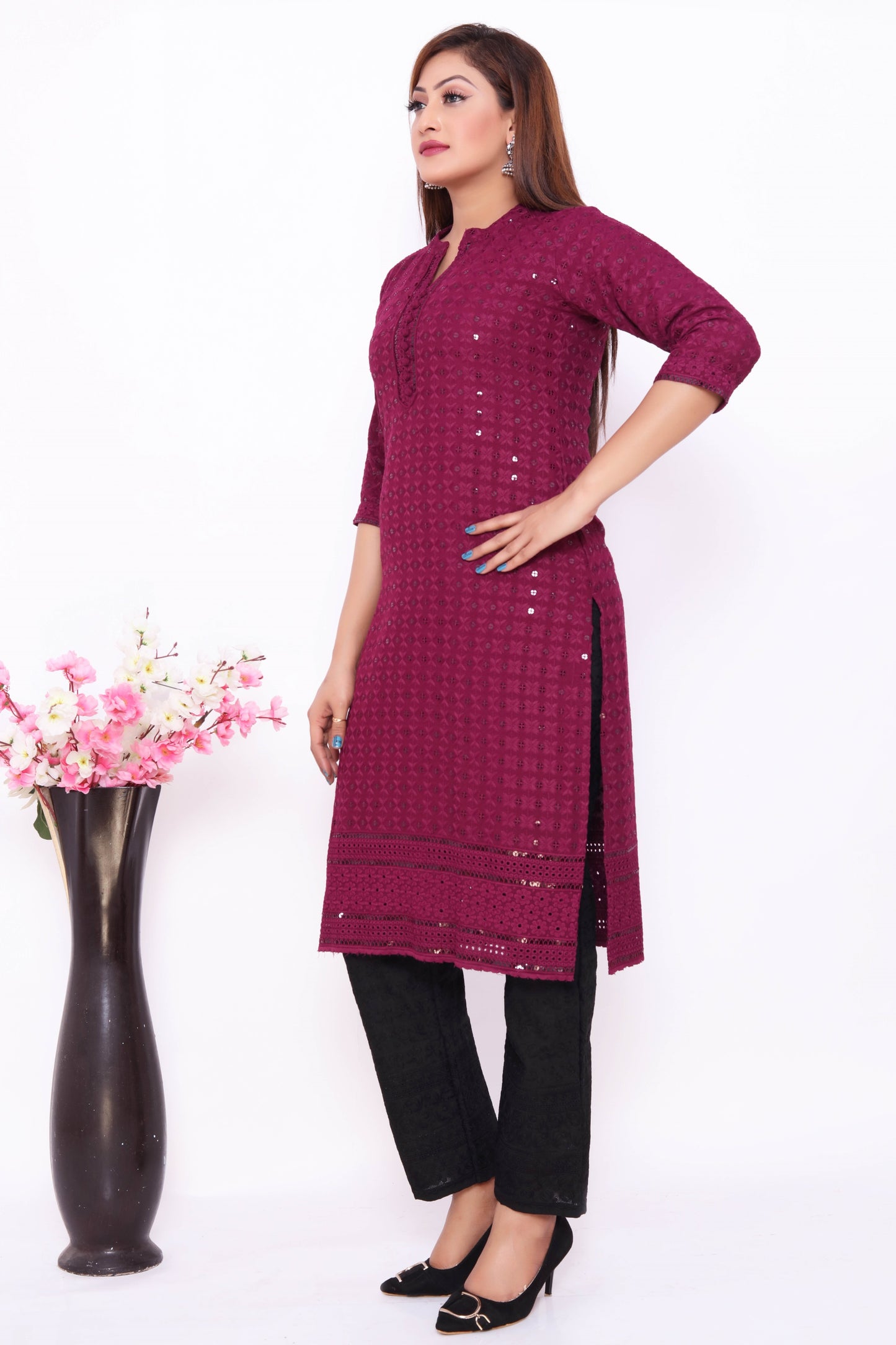 Deep Purple Embroidered Dress with Black Pants