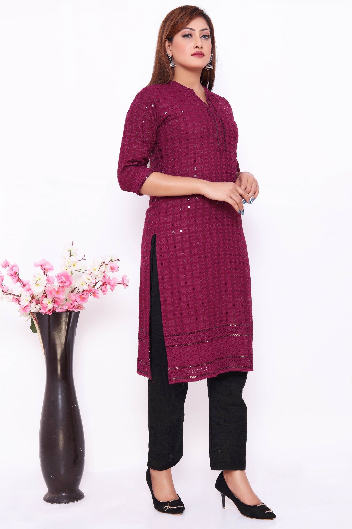 Deep Purple Embroidered Dress with Black Pants