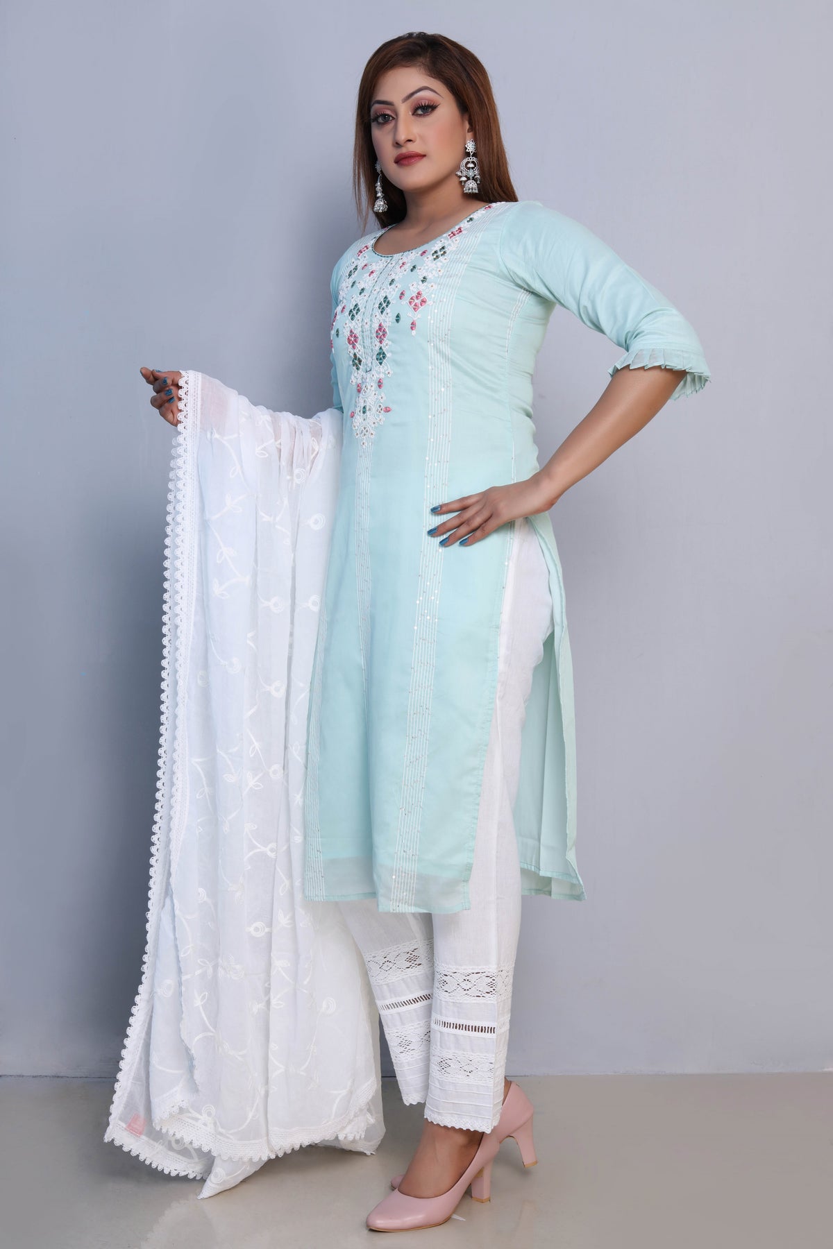 Mint Blue Embroidered Dress with White Dupatta and Pants