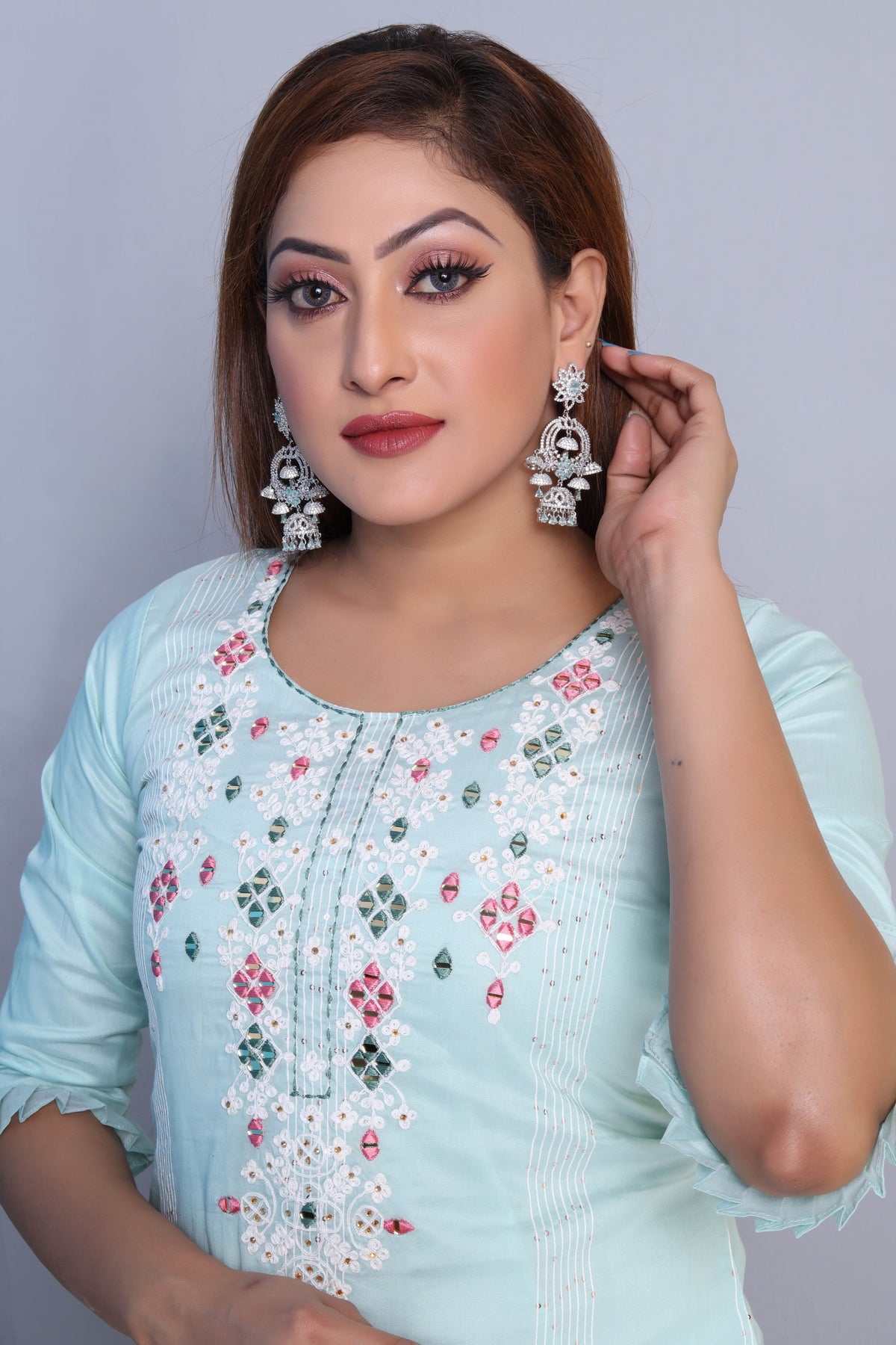 Mint Blue Embroidered Dress with White Dupatta and Pants