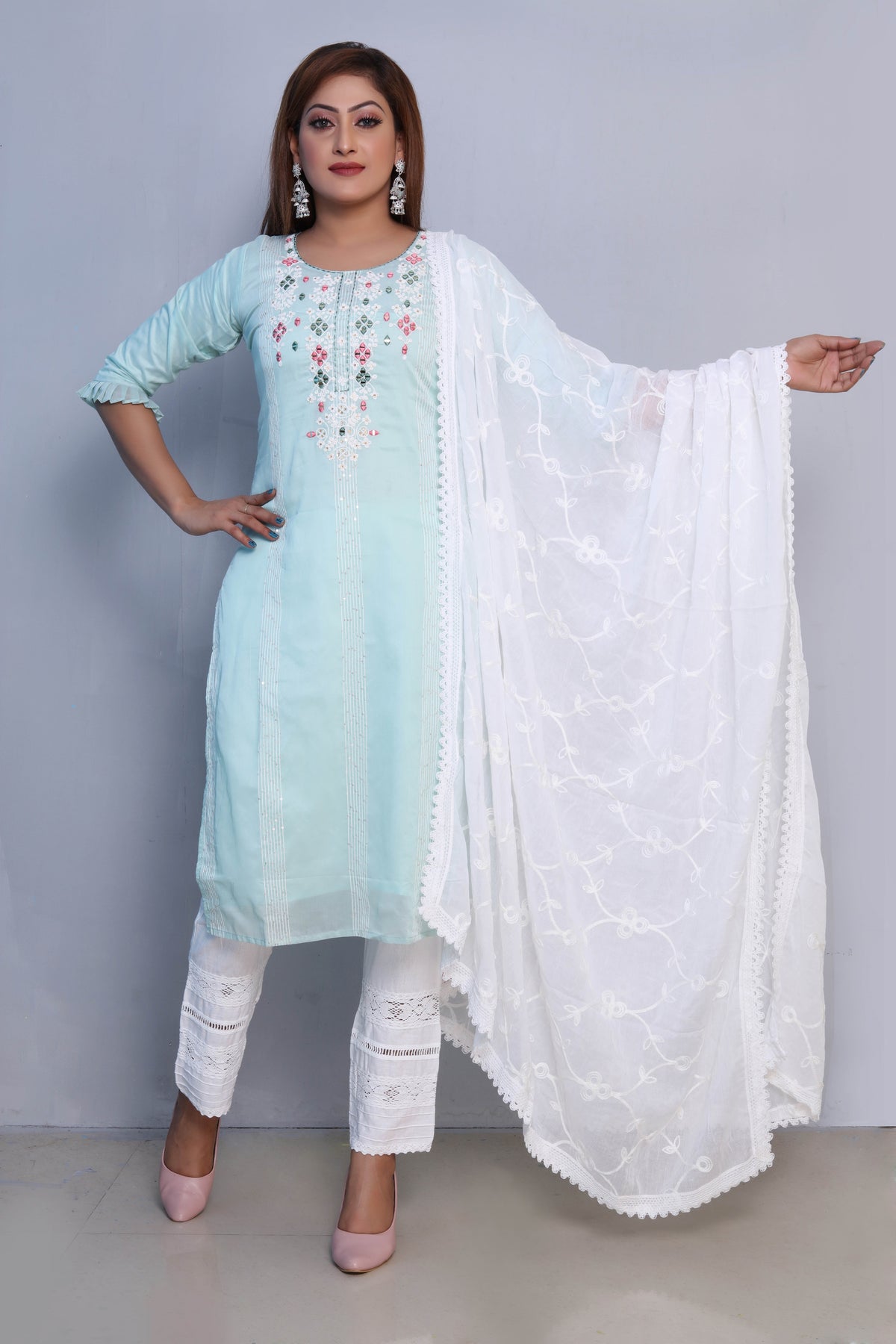Mint Blue Embroidered Dress with White Dupatta and Pants