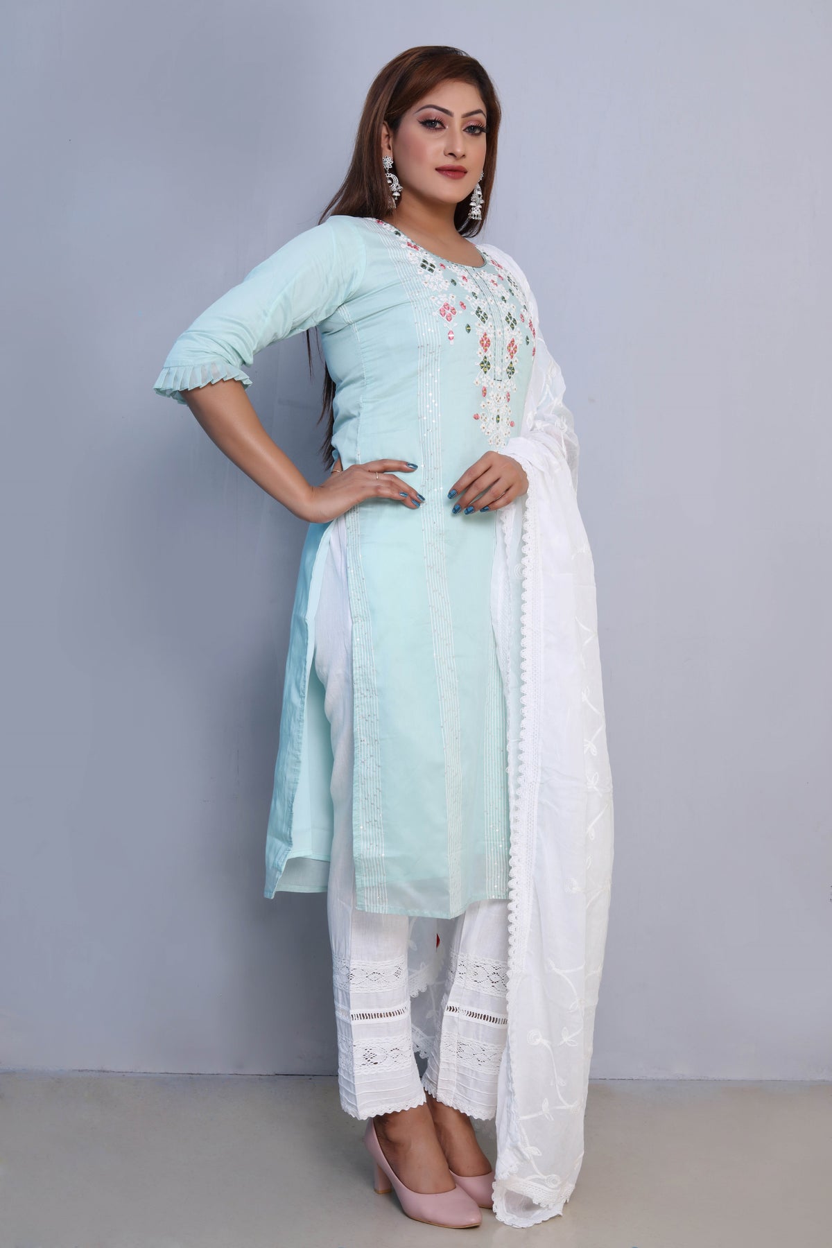 Mint Blue Embroidered Dress with White Dupatta and Pants