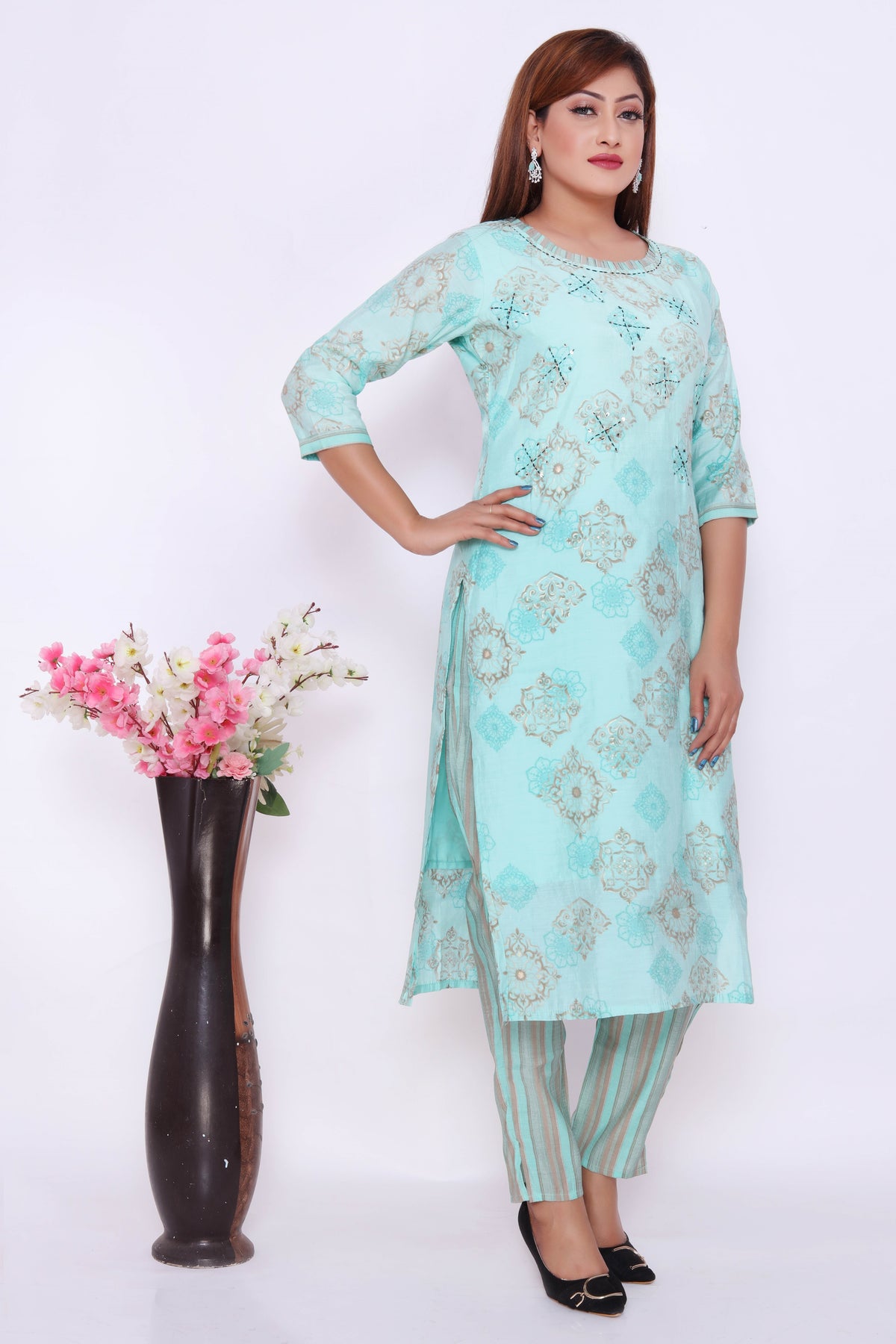 Turquoise Printed Dress with Striped Pants