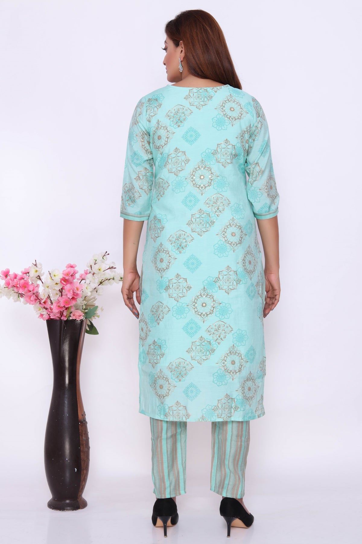 Turquoise Printed Dress with Striped Pants