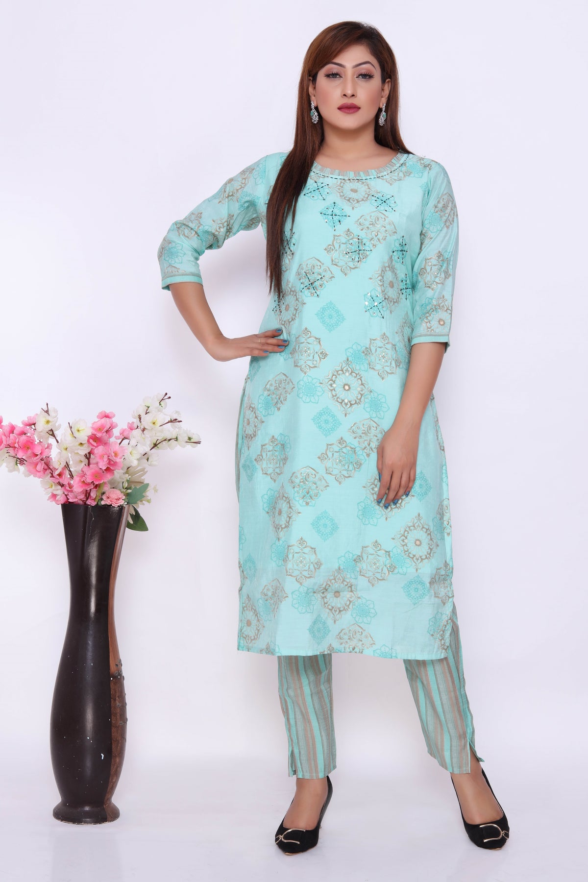Turquoise Printed Dress with Striped Pants