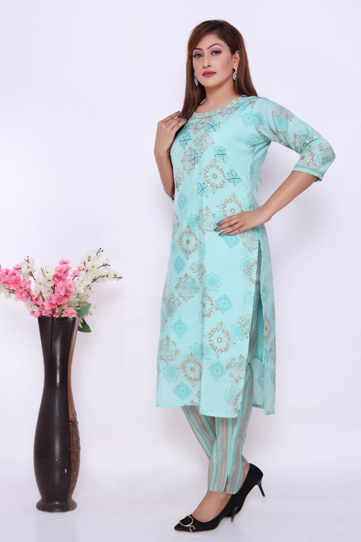 Turquoise Printed Dress with Striped Pants