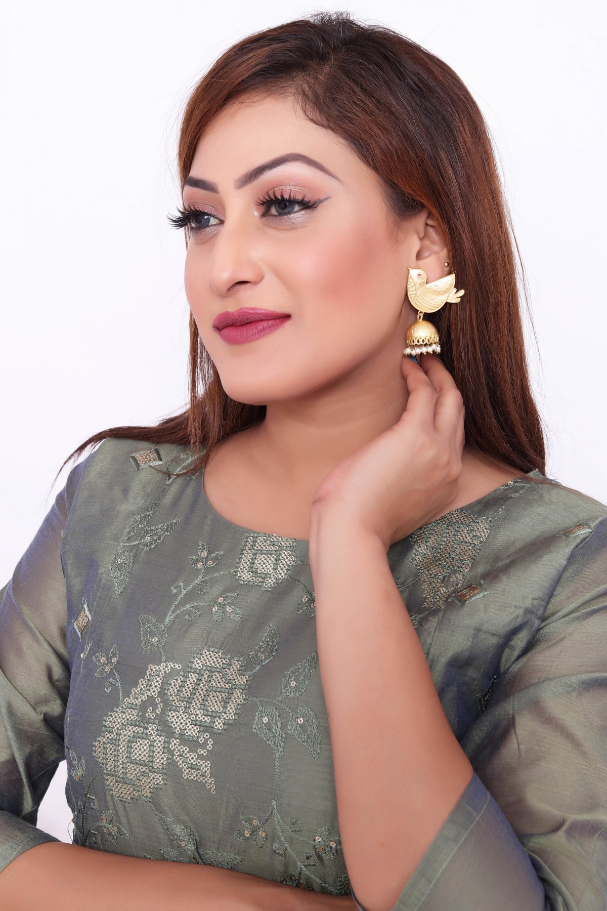 Olive Green Embroidered Dress with Golden Dupatta and Pants