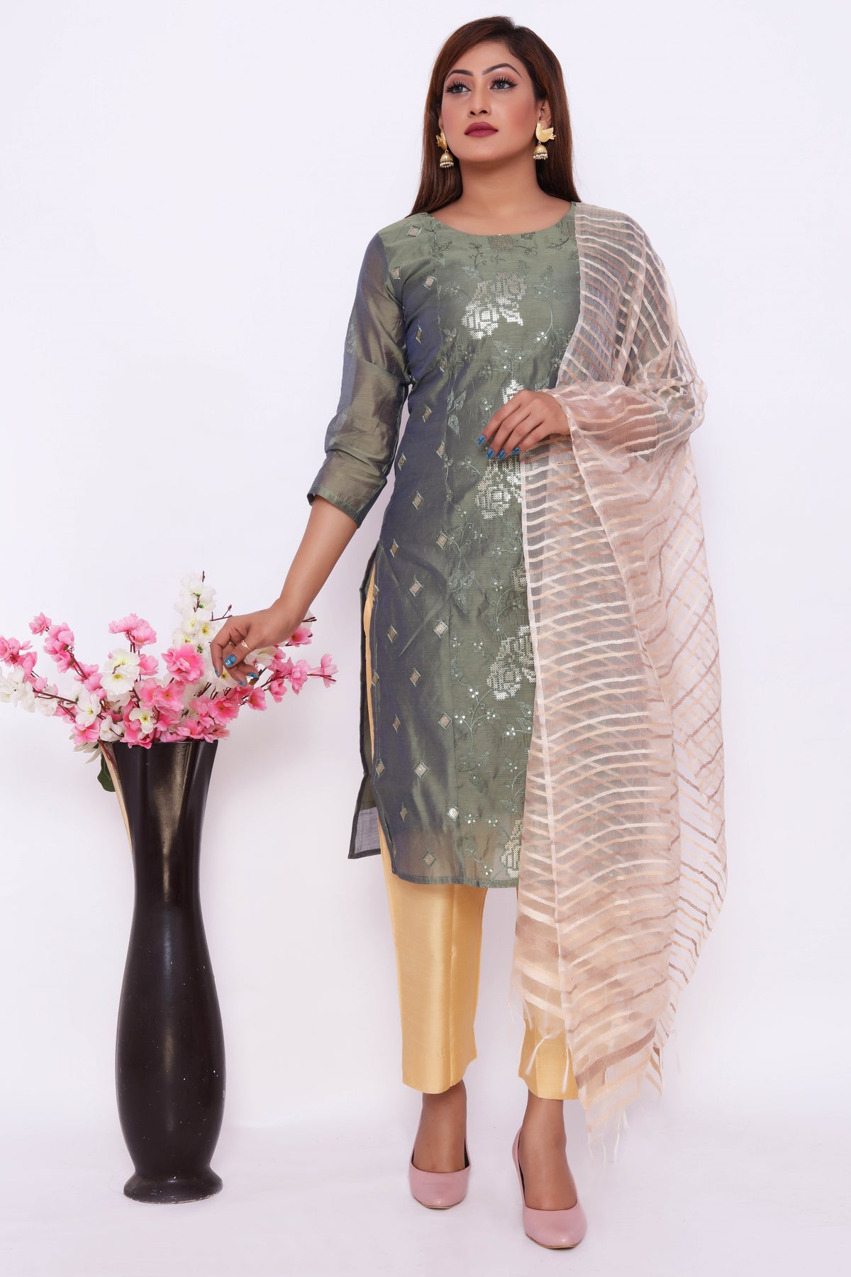 Olive Green Embroidered Dress with Golden Dupatta and Pants