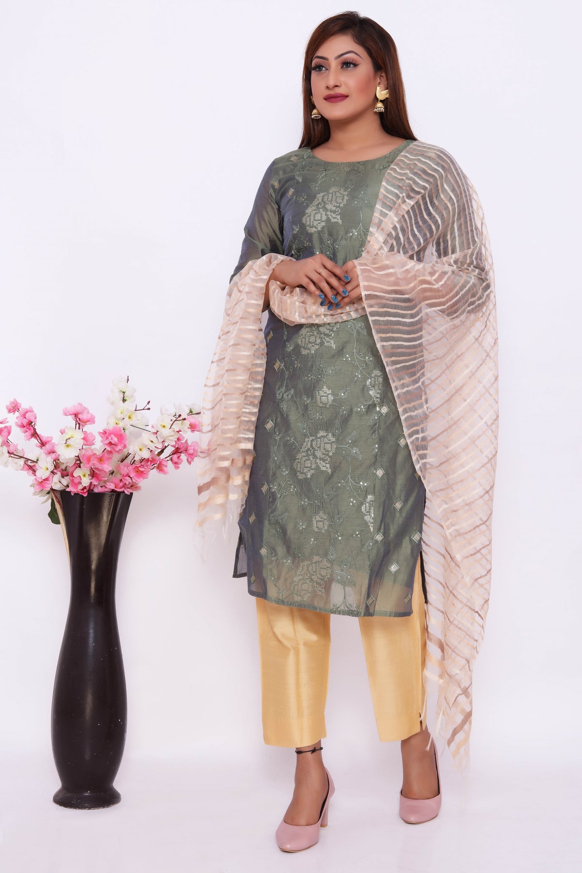 Olive Green Embroidered Dress with Golden Dupatta and Pants