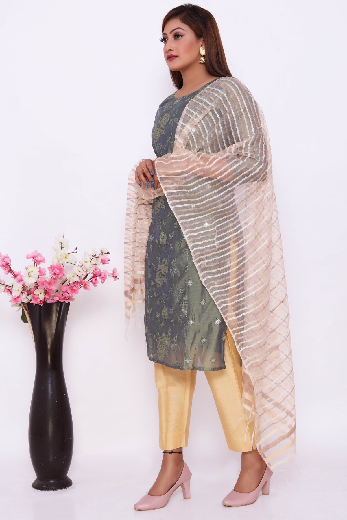 Olive Green Embroidered Dress with Golden Dupatta and Pants