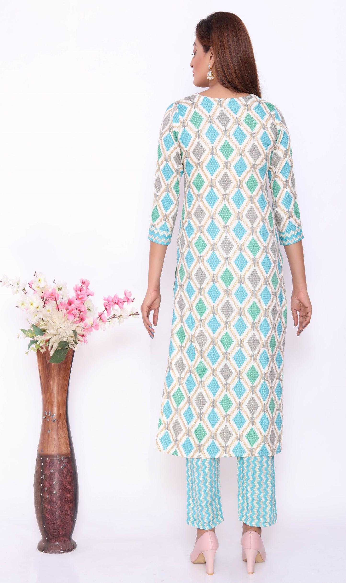 Aqua Blue Geometric Print Dress with Matching Pants