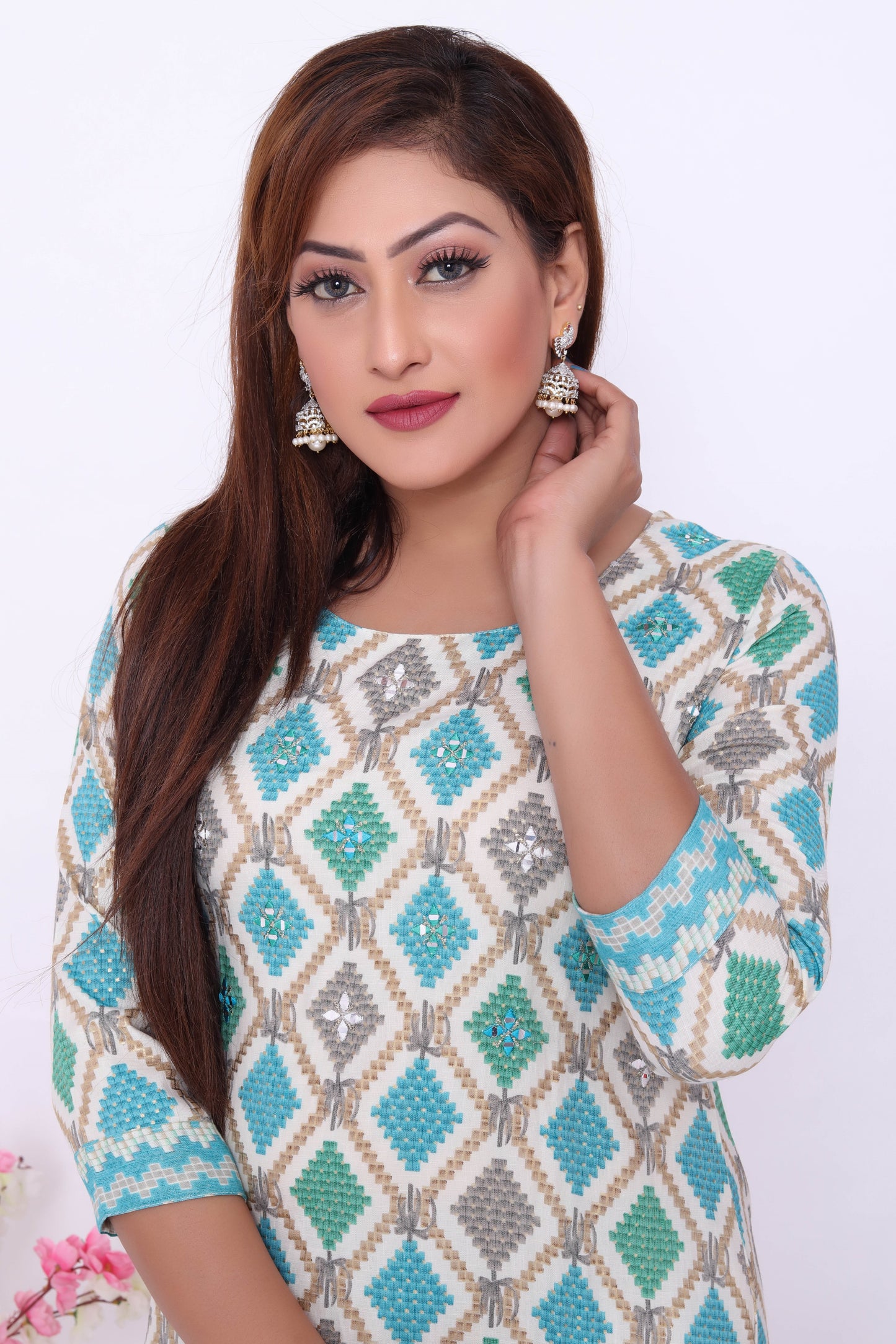 Aqua Blue Geometric Print Dress with Matching Pants