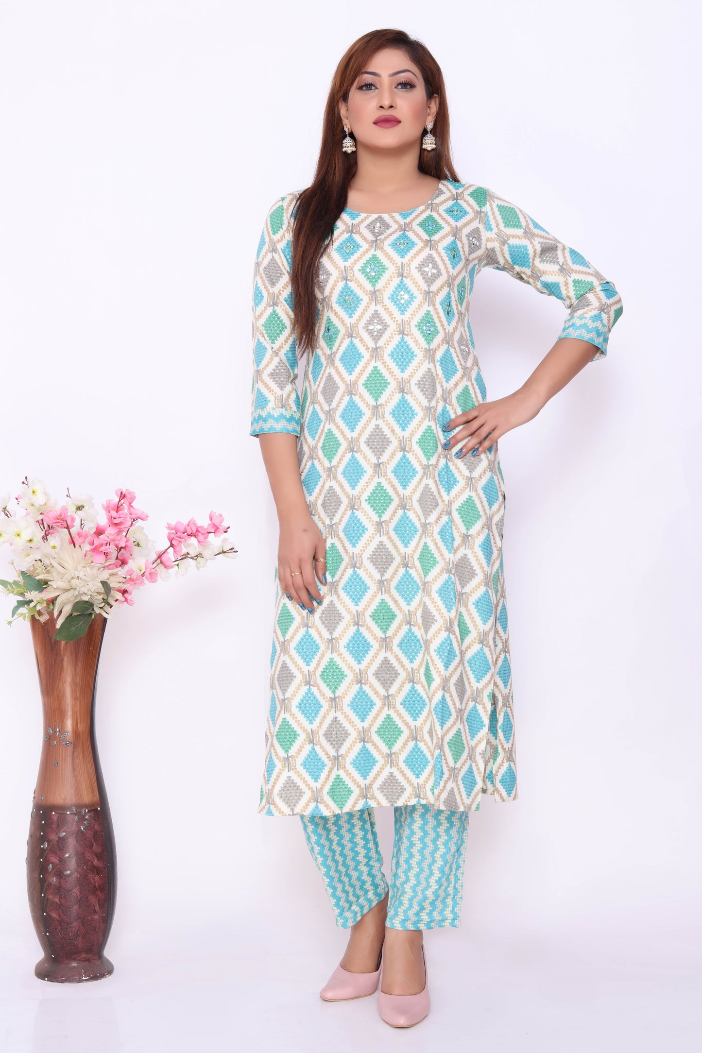 Aqua Blue Geometric Print Dress with Matching Pants