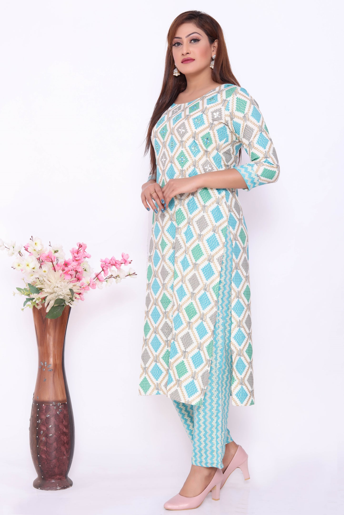 Aqua Blue Geometric Print Dress with Matching Pants