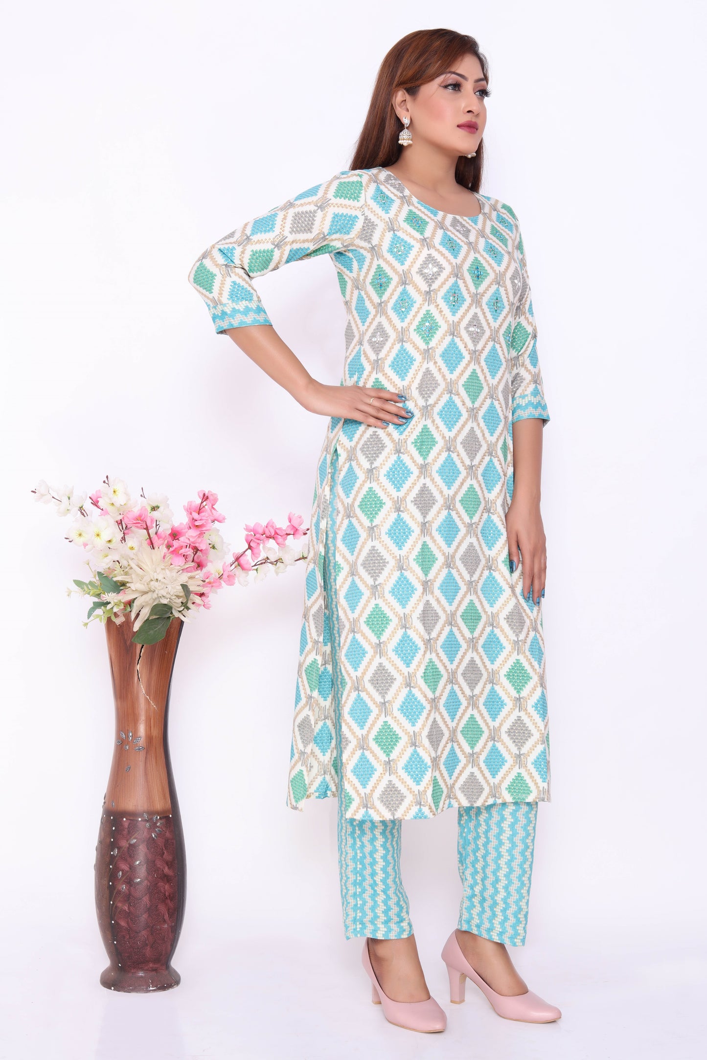 Aqua Blue Geometric Print Dress with Matching Pants