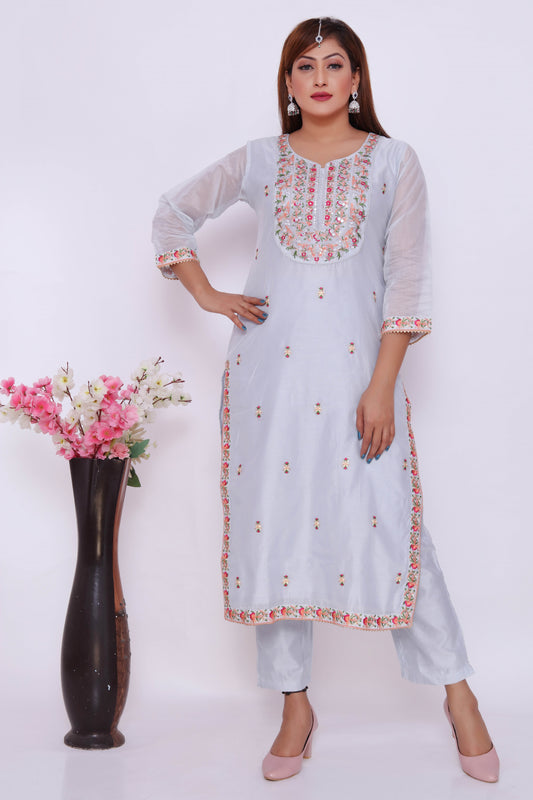 Light Blue Embroidered Dress with Floral Accents