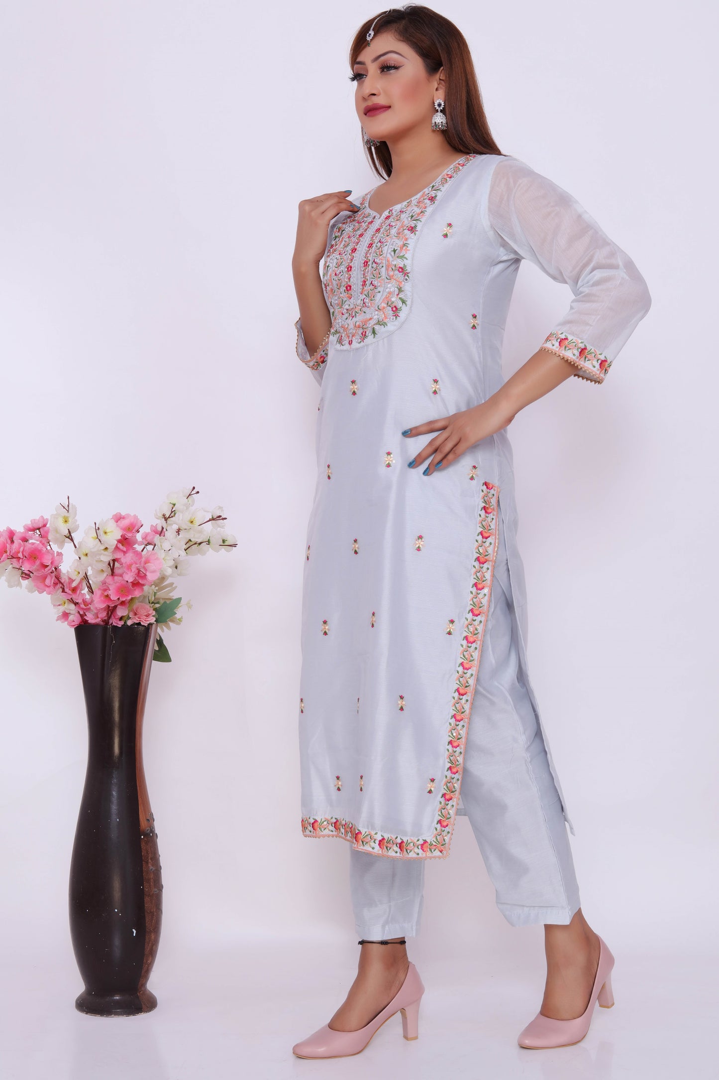 Light Blue Embroidered Dress with Floral Accents