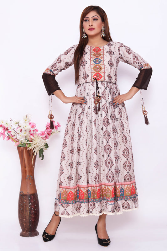 White Floral Printed Maxi Dress with Colorful Embroidery