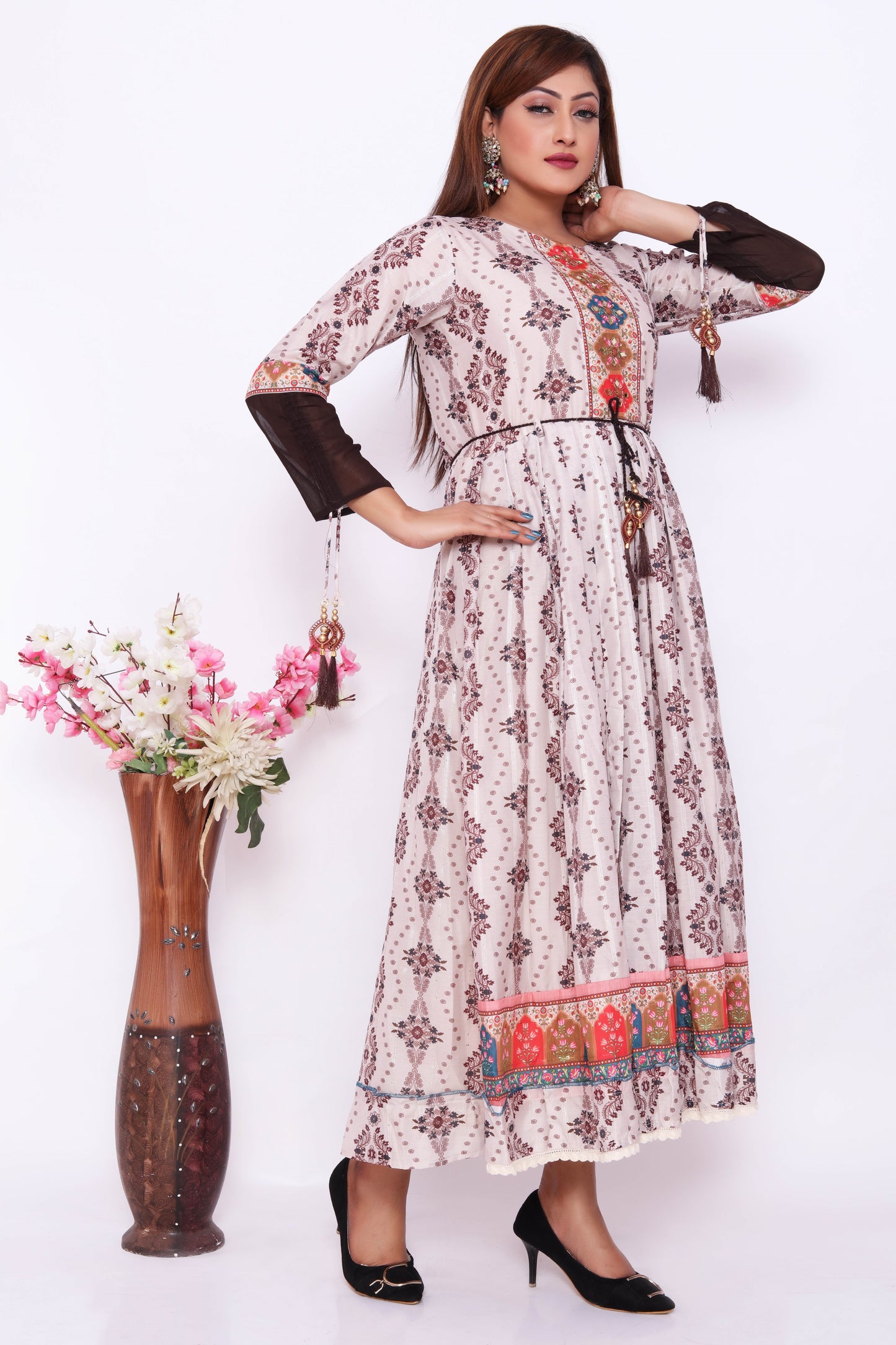 White Floral Printed Maxi Dress with Colorful Embroidery