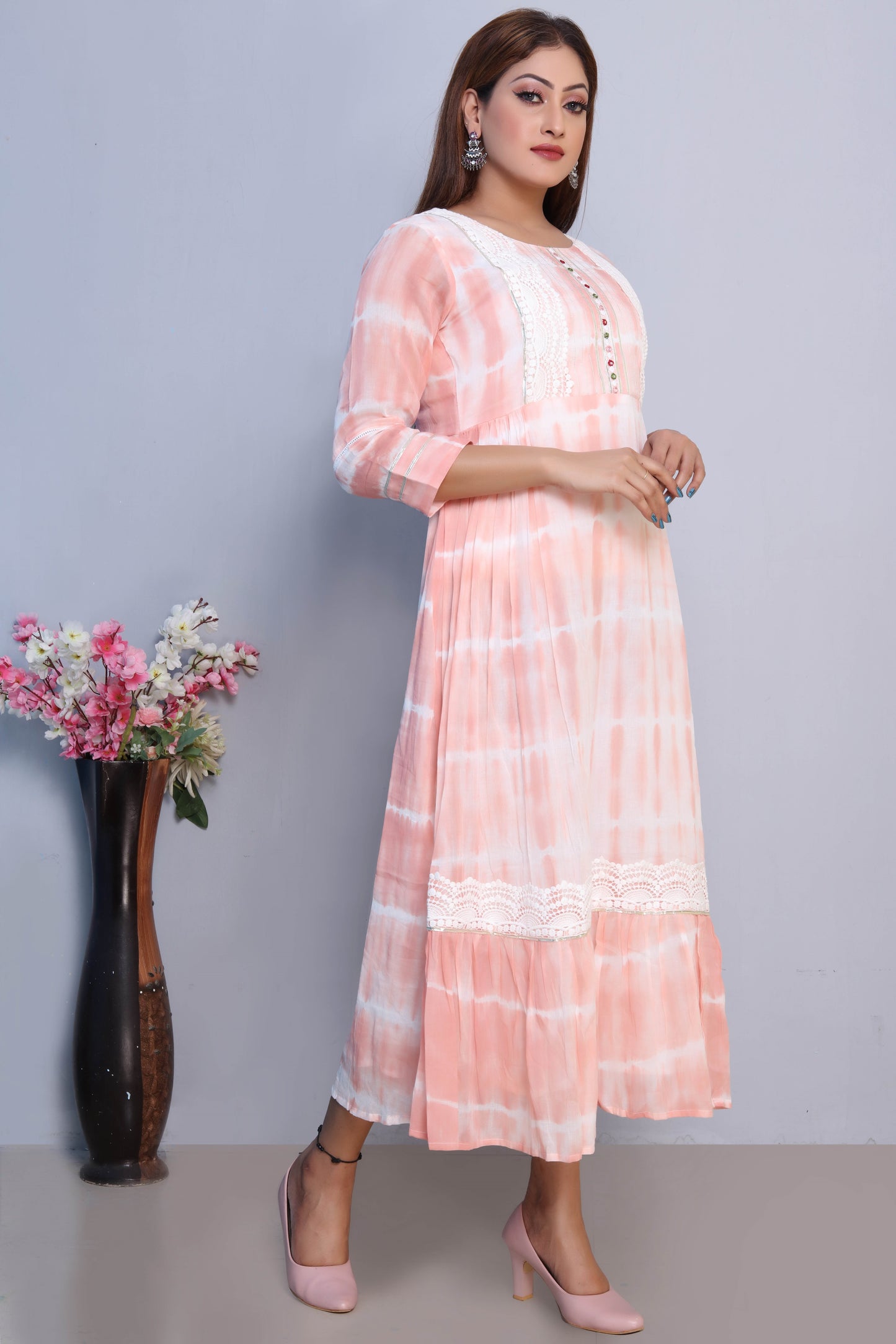 Peach Tie-Dye Maxi Dress with Lace Detailing