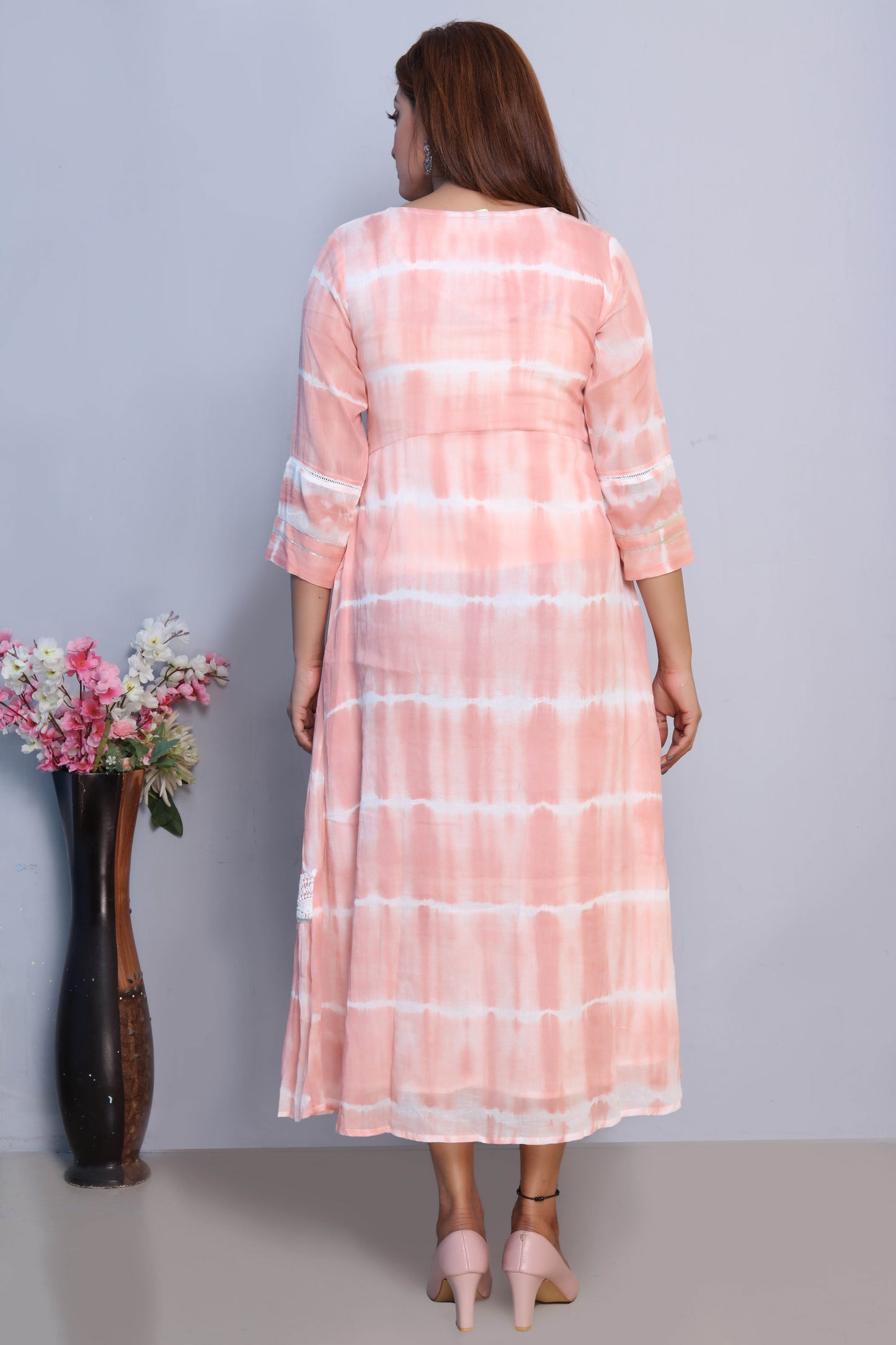 Peach Tie-Dye Maxi Dress with Lace Detailing