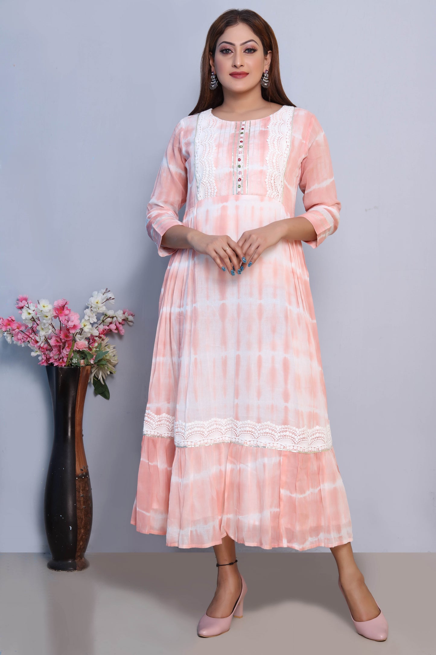 Peach Tie-Dye Maxi Dress with Lace Detailing