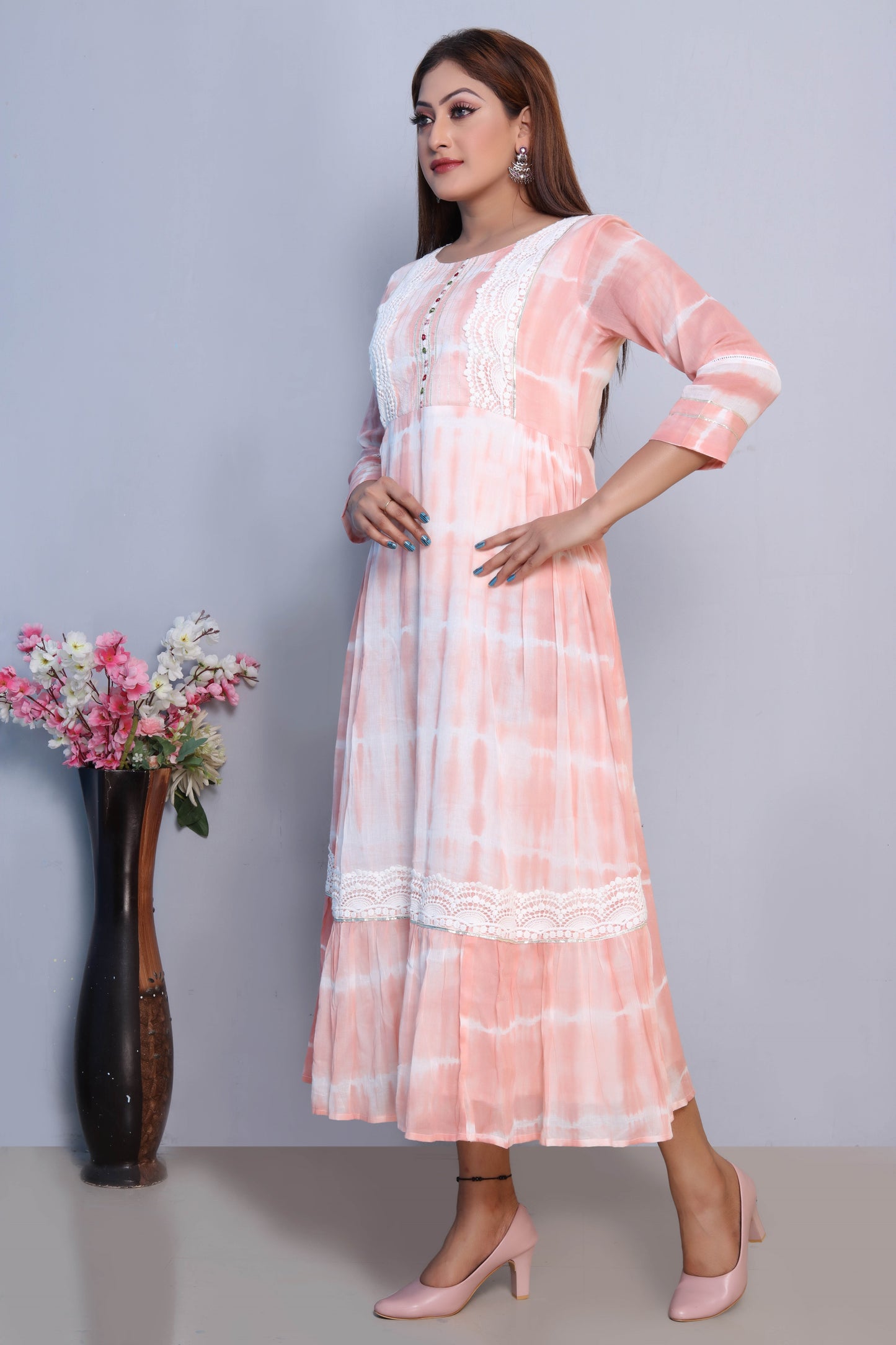 Peach Tie-Dye Maxi Dress with Lace Detailing