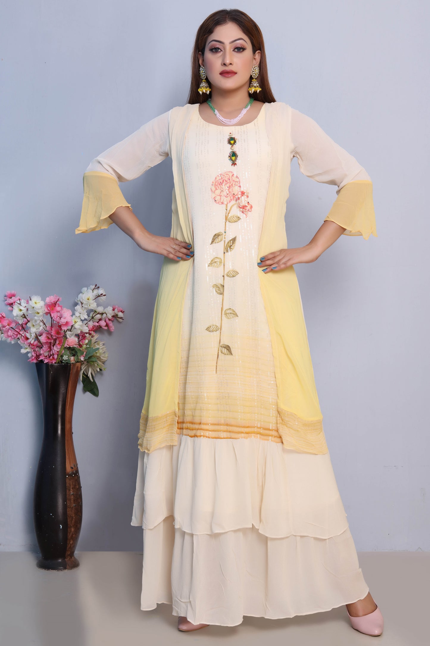 Yellow and Cream Layered Maxi Dress with Floral Embroidery