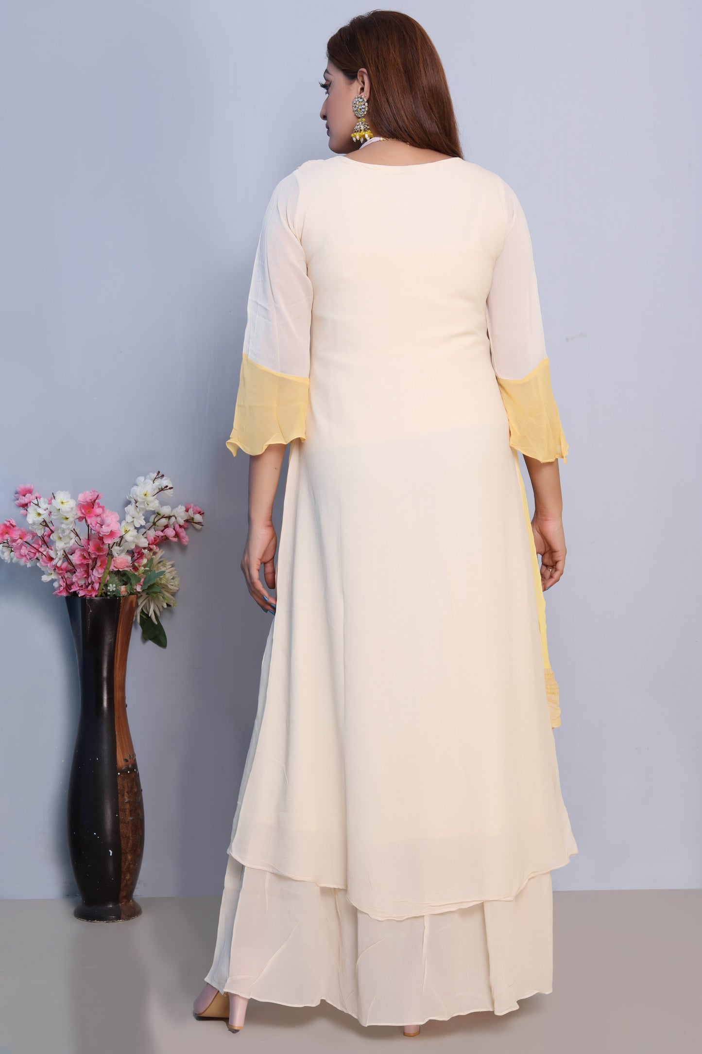 Yellow and Cream Layered Maxi Dress with Floral Embroidery