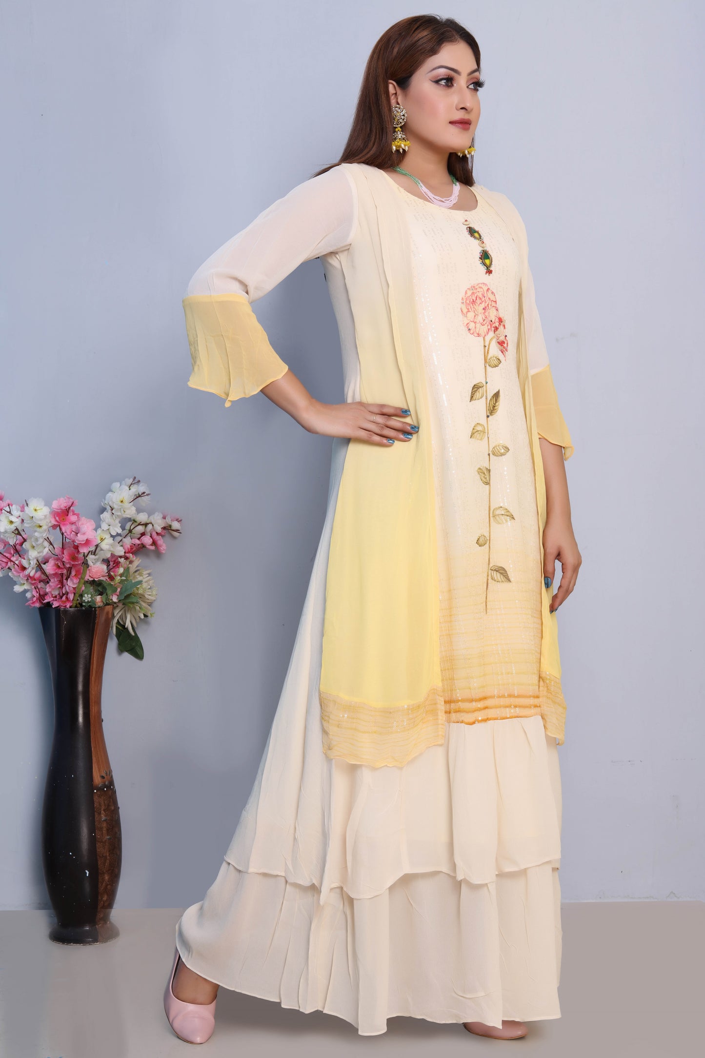 Yellow and Cream Layered Maxi Dress with Floral Embroidery