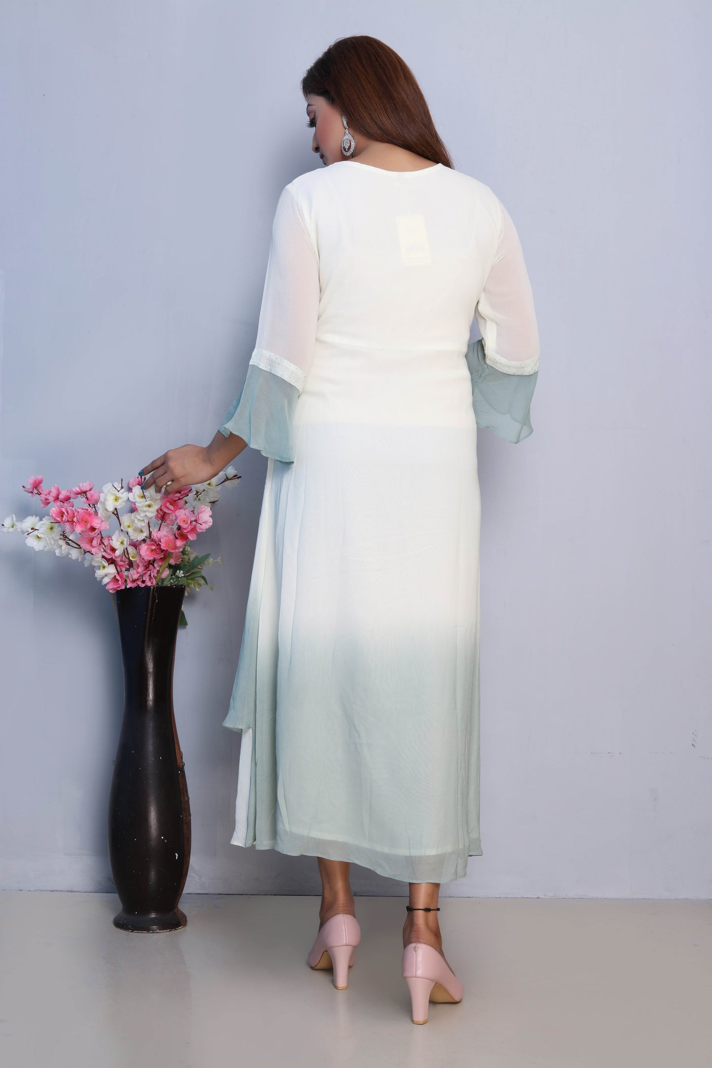 Mint Green and White Asymmetric Hem Dress with Floral Embroidery