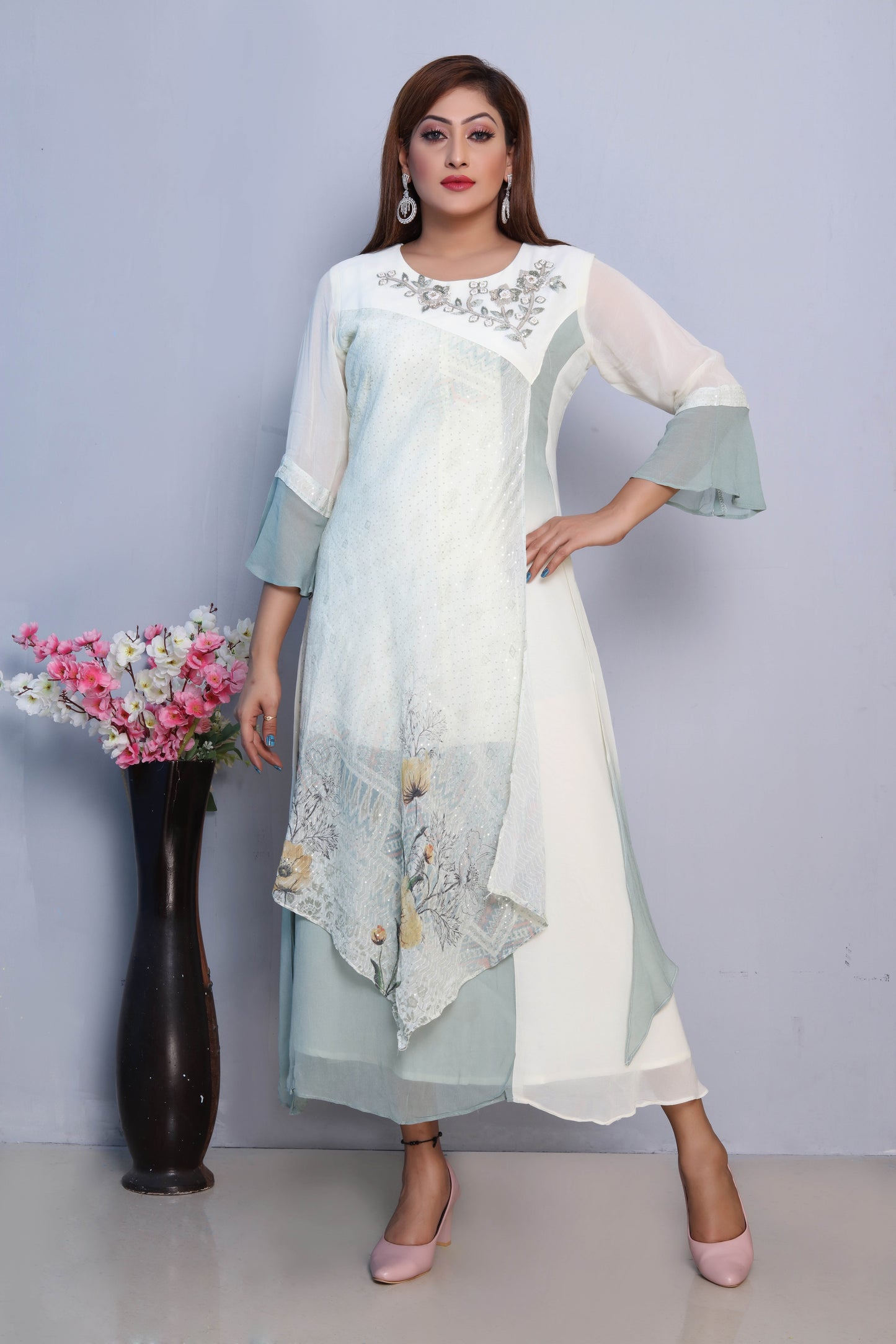 Mint Green and White Asymmetric Hem Dress with Floral Embroidery